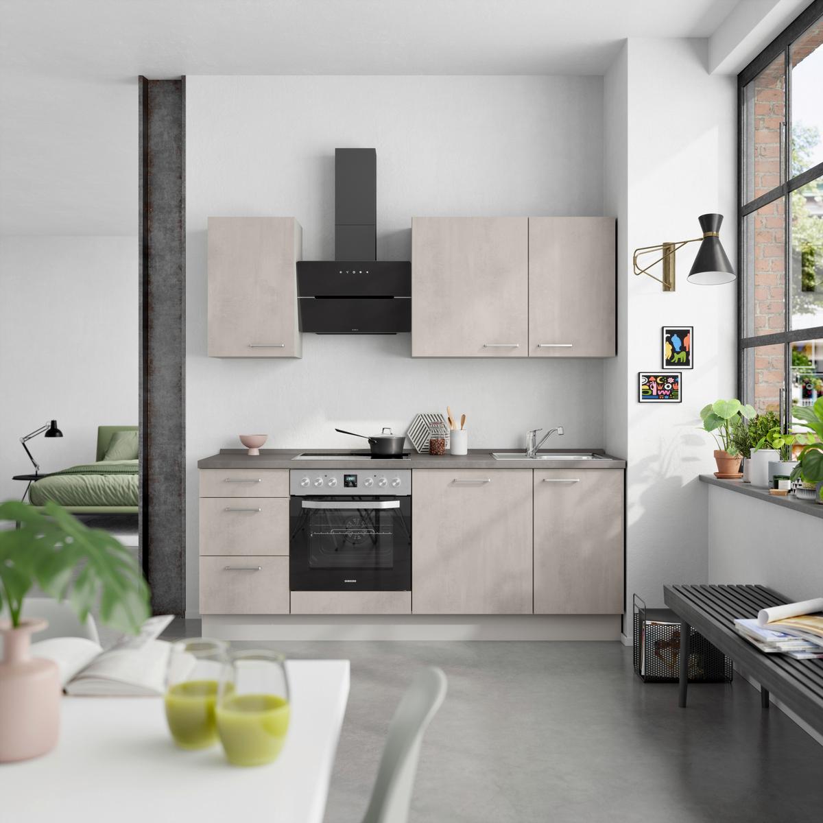 Kuchyňská linka 210 cm, šedý betón/ kamenná šedá - šedá/světle šedá, Moderní, kov/kompozitní dřevo (210cm) - Nobilia