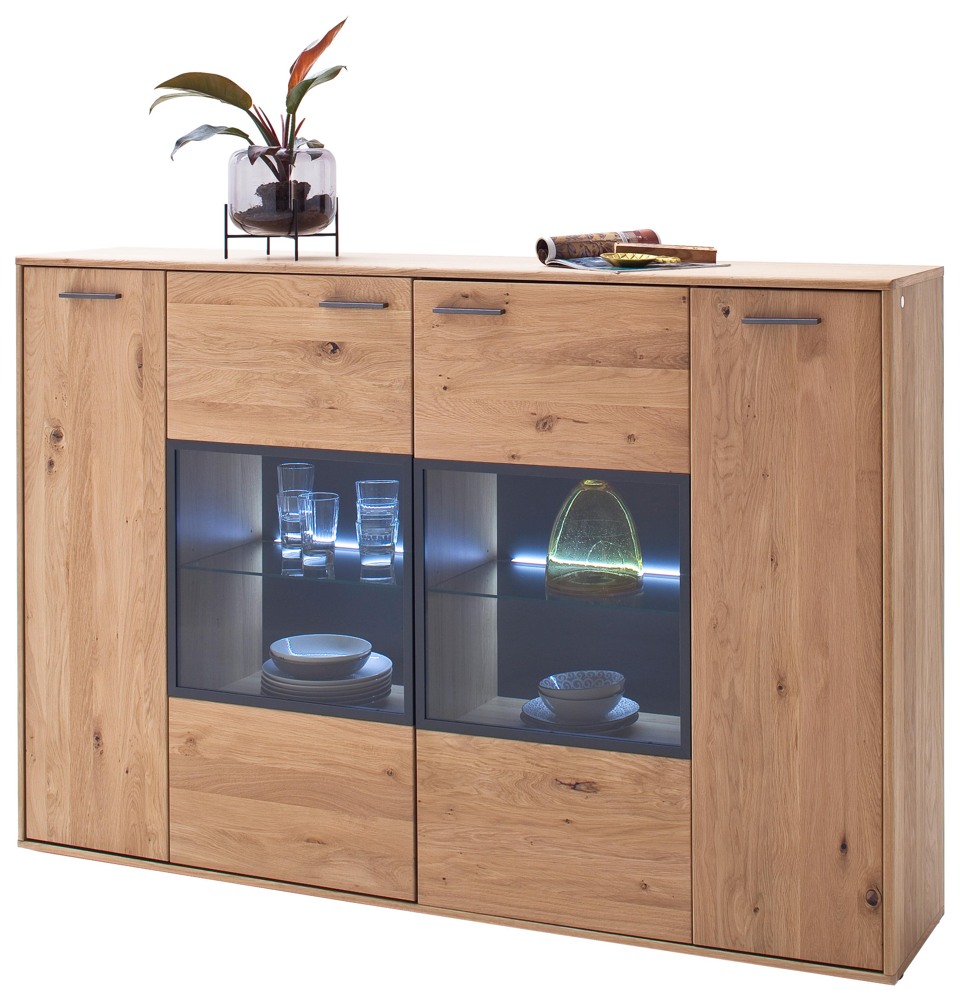 Highboard teilmassiv B: 184 cm Portland Eichefarben - Eichefarben/Anthrazit, Design, Glas/Holz (184/123/37cm) - Livetastic