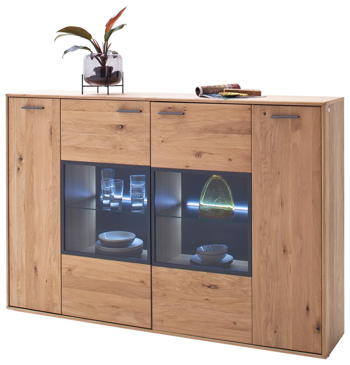 Highboard teilmassiv B: 184 cm Portland Eichefarben - Eichefarben/Anthrazit, Design, Glas/Holz (184/123/37cm) - Livetastic
