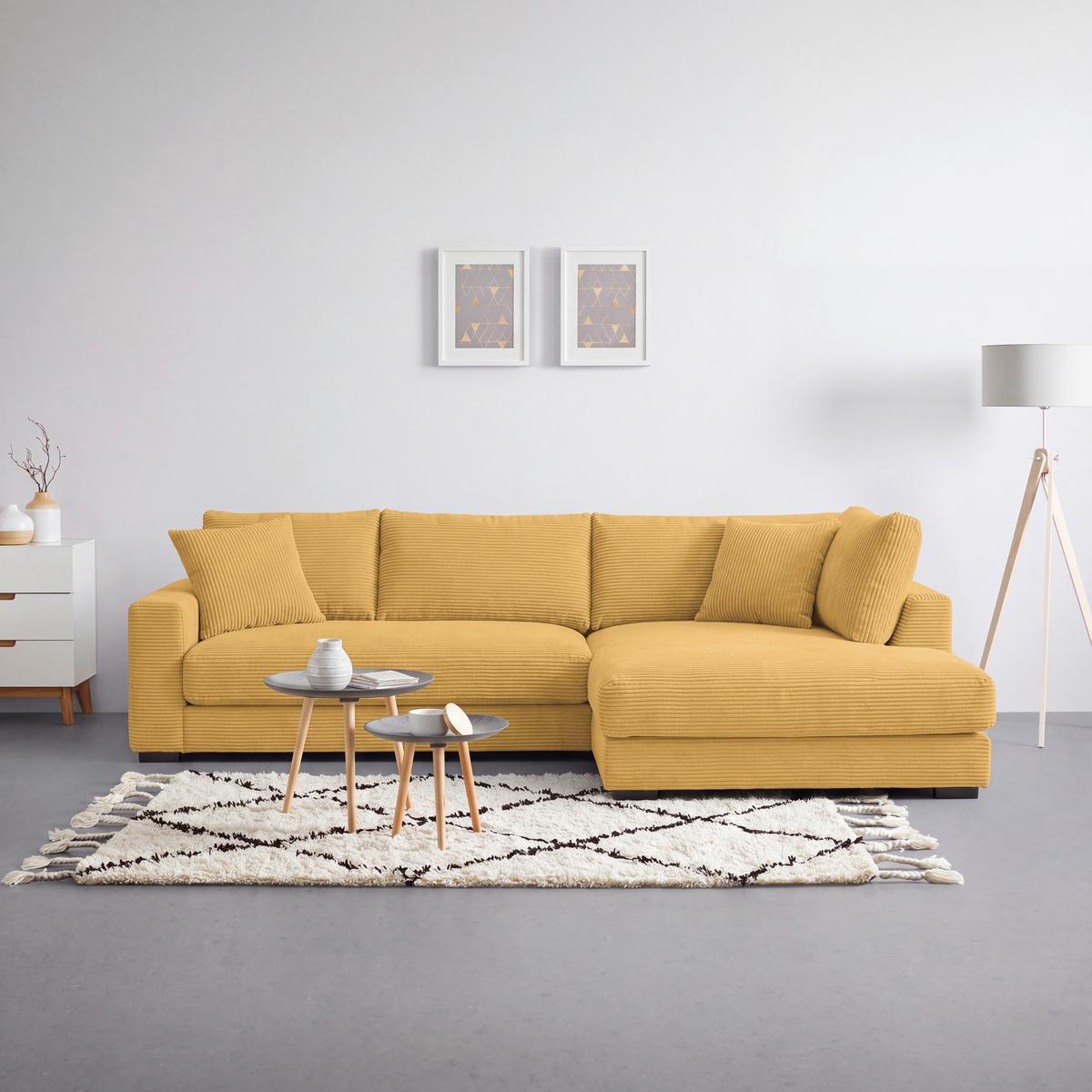 Rohová sedačka PEDRO, pravá, hořčicově žlutý manšestr - černá/hořčicově žlutá, Moderní, textil/plast (300/190cm) - Mömax