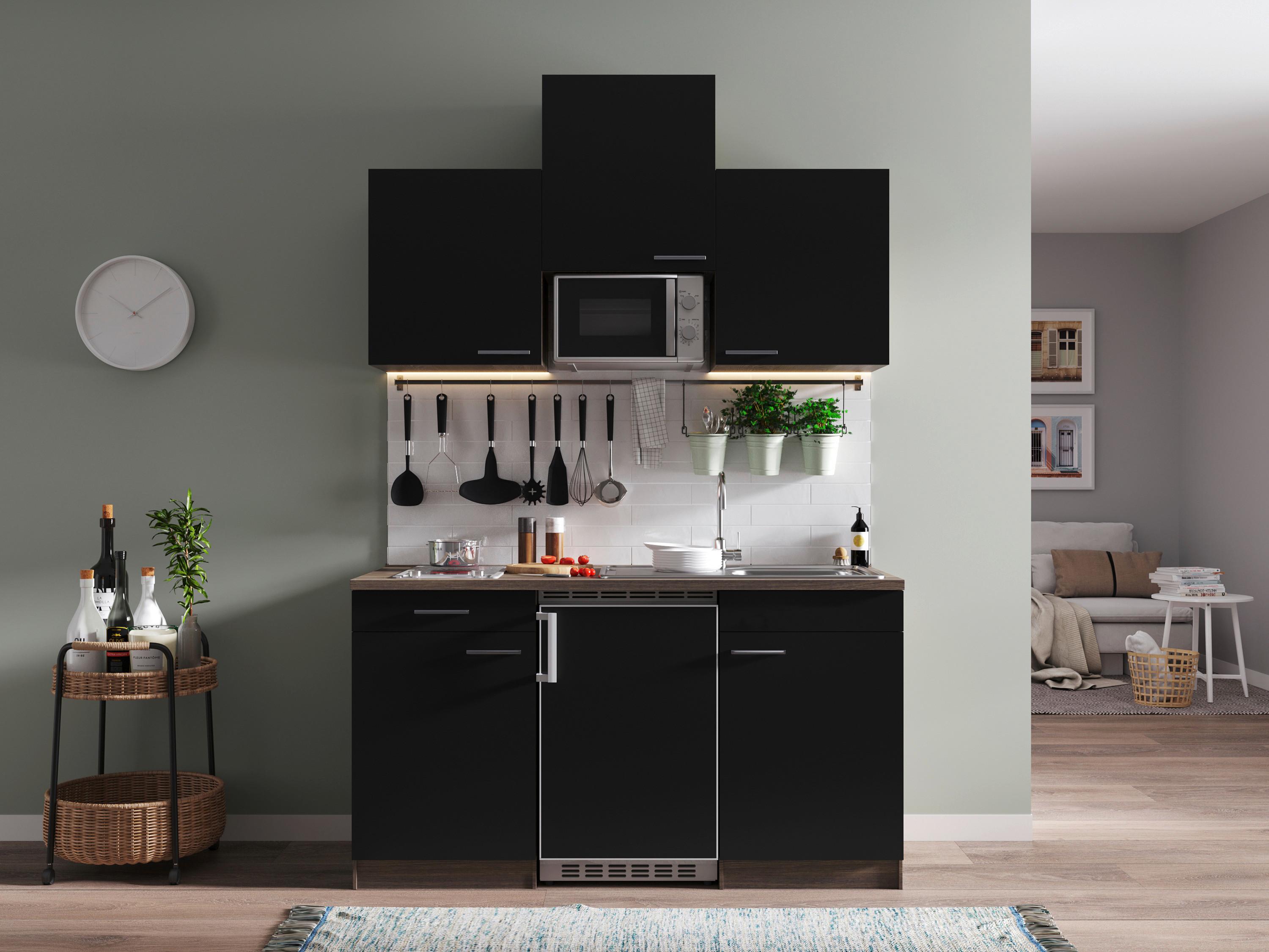 Miniküche mit Geräte 150 cm Schwarz - Eichefarben/Schwarz, Basics, Holzwerkstoff (150cm) - Respekta