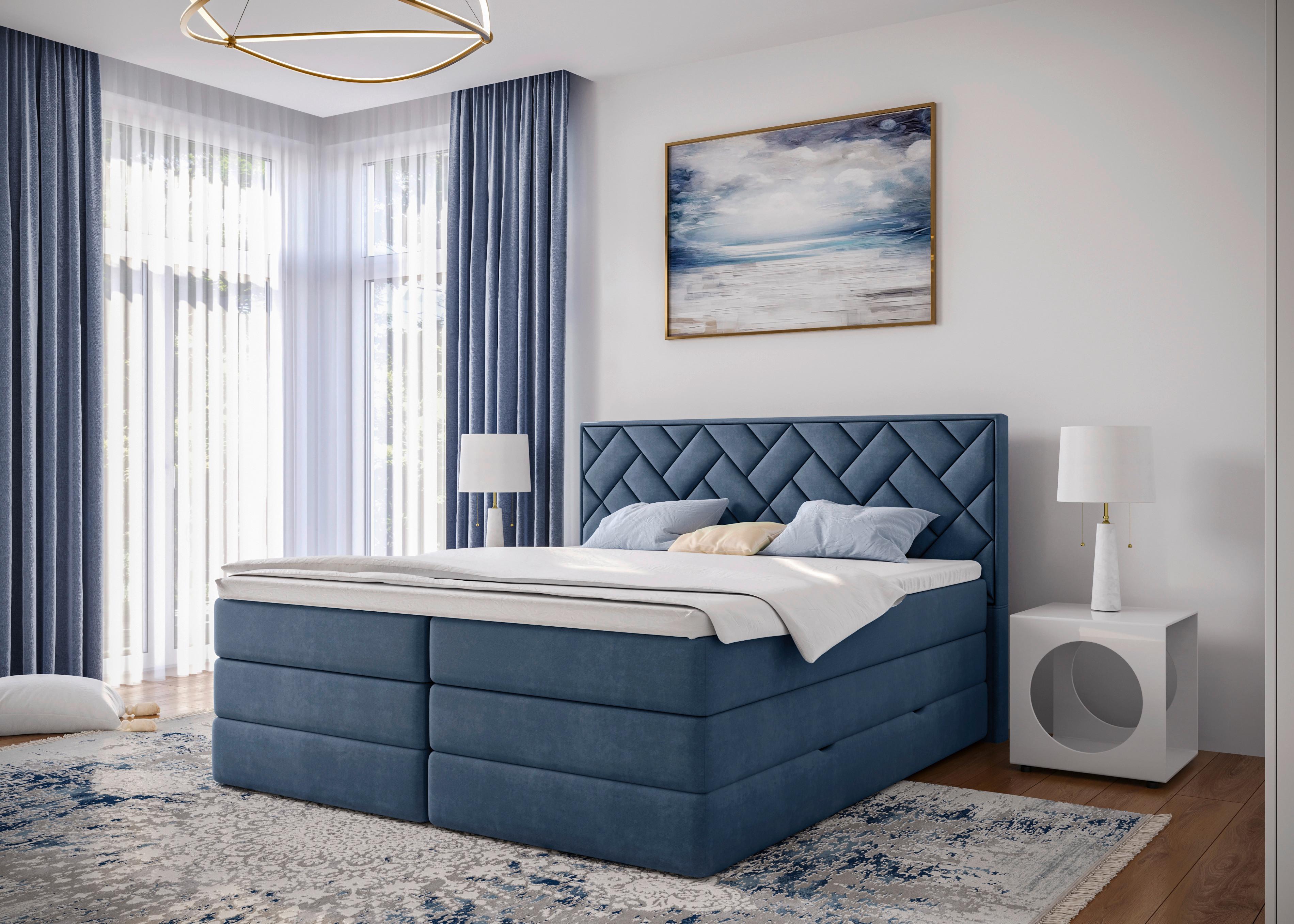 Boxspringbett inkl. Topper Dunkelblau 180x200 cm Loreno - Schwarz/Dunkelblau, MODERN, Holzwerkstoff/Textil (180/200cm) - MID.YOU