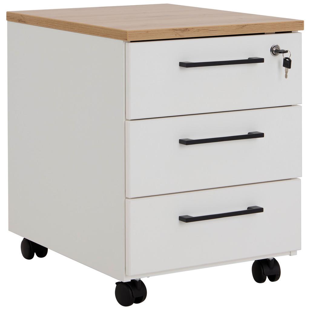 Rollcontainer  Weiss Eiche Dekor, Abschließbar