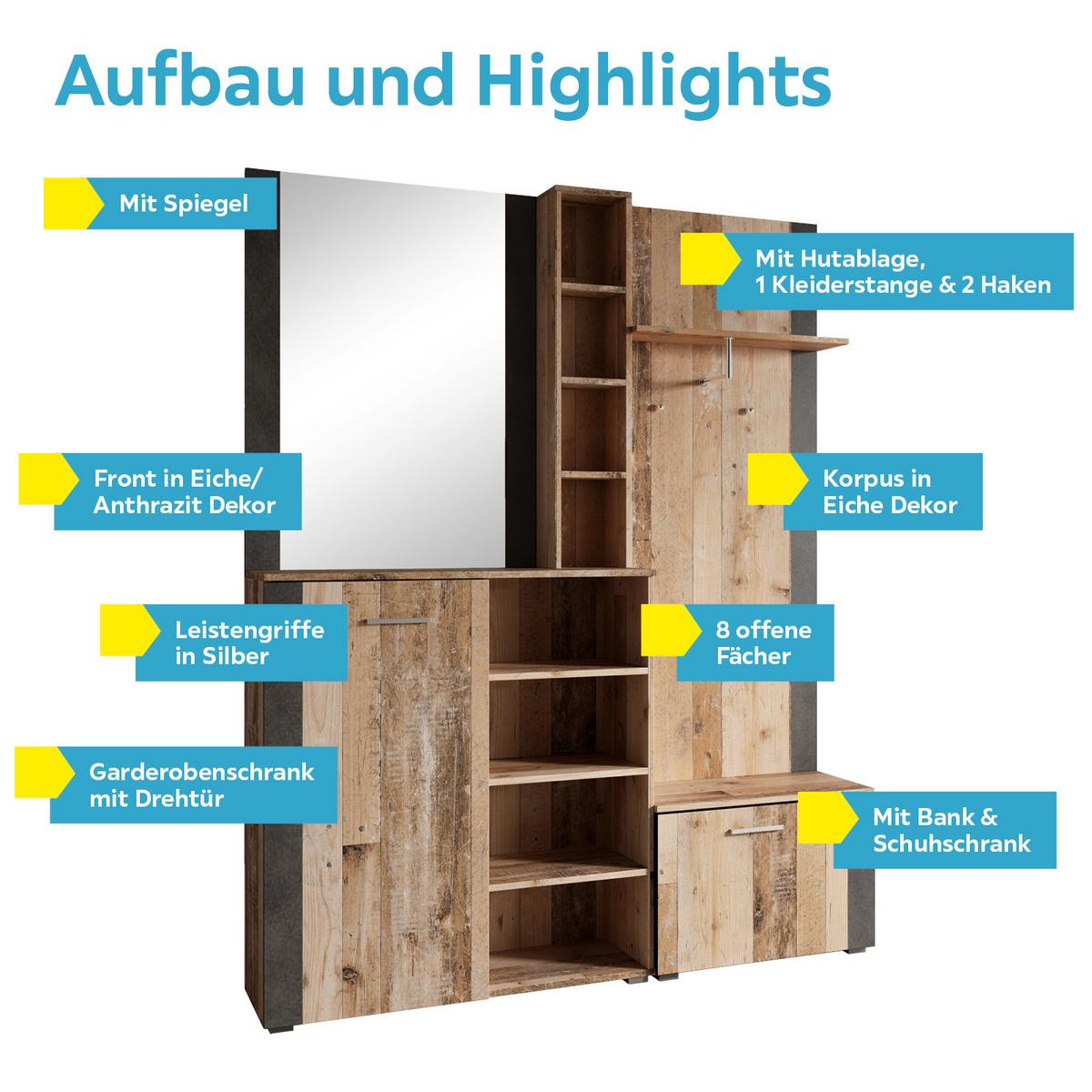 Garderobe Barry Old Wood / Anthrazit B 150 Cm Mit Spiegel - Anthrazit/Naturfarben, Basics, Holzwerkstoff (150/190/32cm)