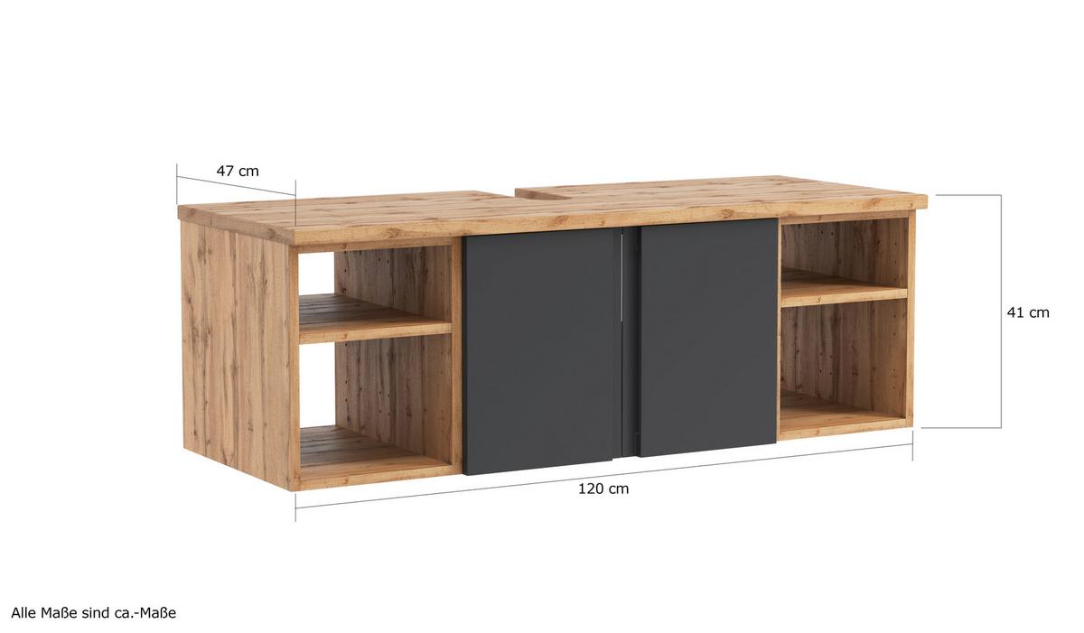Hängender Waschbecken- Unterschrank Arosa B: 120 Cm - Eiche Wotan/Grau, MODERN, Holzwerkstoff (120/41/47cm) - Held