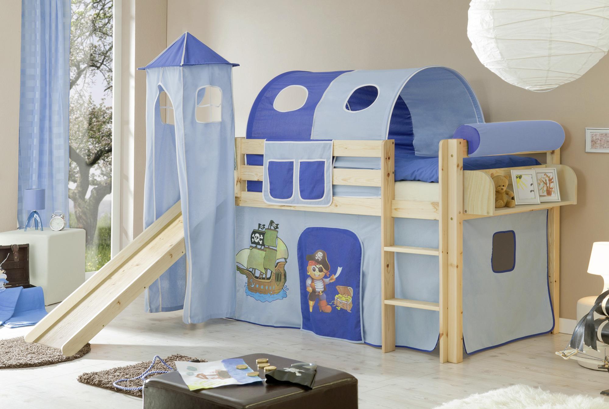 Spielbett Kasper Blau Kiefer Massiv 90 Cm Rutsche Turm - Blau/Kieferfarben, Natur, Holz (90/200cm) - MID.YOU
