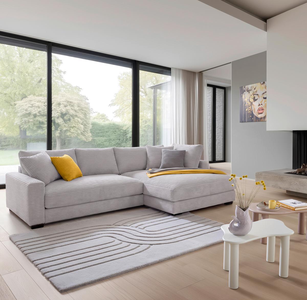 Rohová sedačka PEDRO, pravá, světle šedý manšestr - černá/světle šedá, Moderní, textil/plast (300/190cm) - Mömax