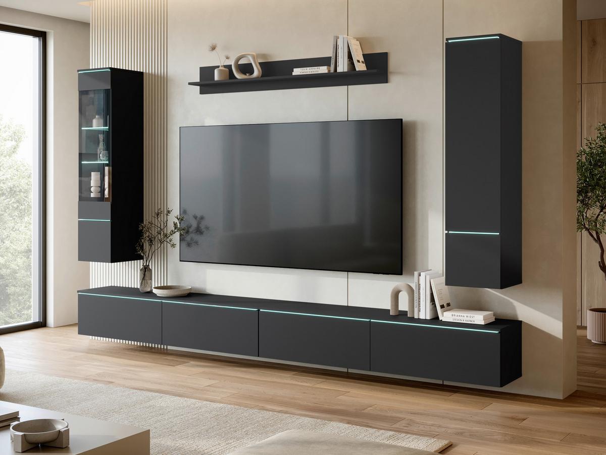 Wohnwand Vera Xxl Schwarz Matt B: 300cm - Schwarz/Grau, Basics, Glas/Holzwerkstoff (300/162/33cm) - P & B