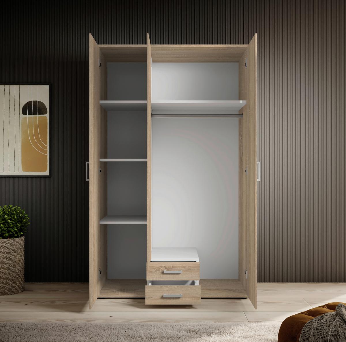 Drehtürenschrank Mit 2 Laden 120cm Paul,sonomaeiche 3-Türig - Sonoma Eiche, Basics, Glas/Holzwerkstoff (120/196/54cm)