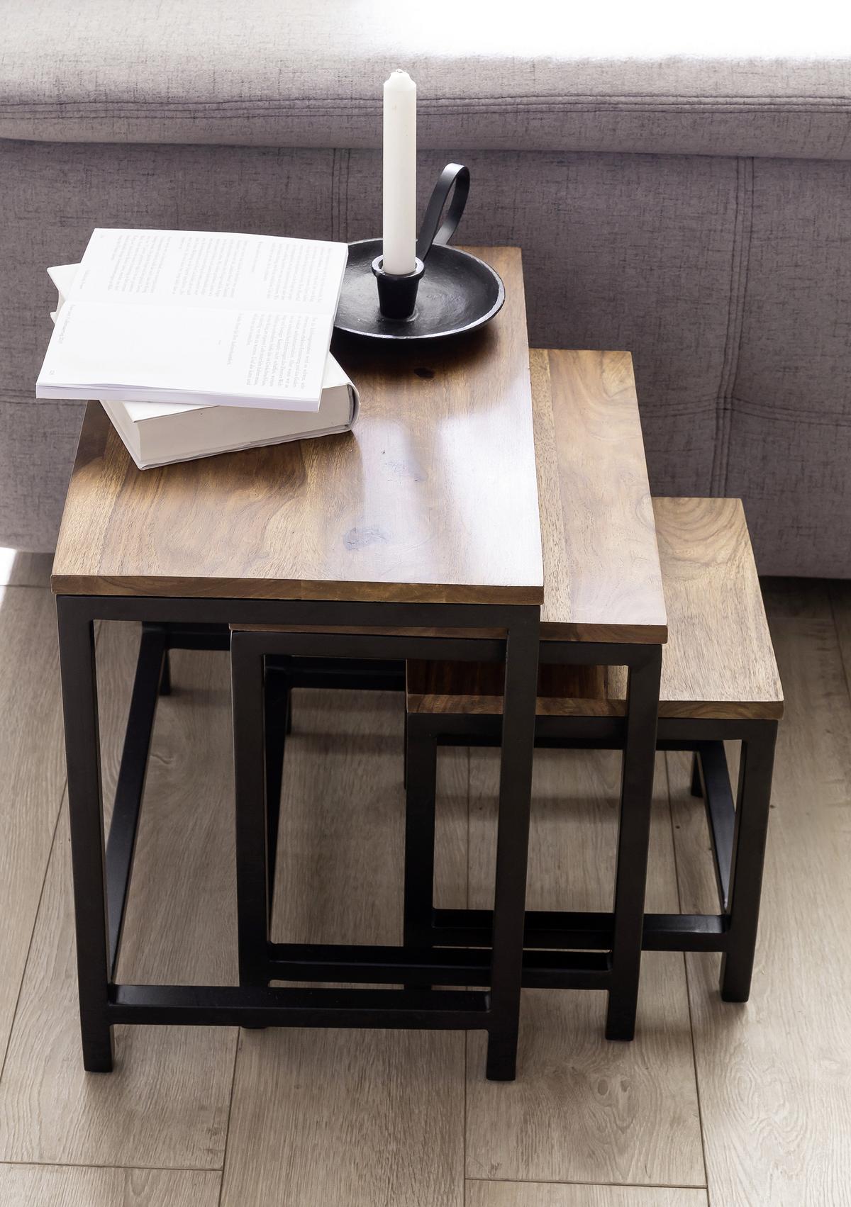 Beistelltisch Mit Holzplatte 3er-Set Akola Sheesham/schwarz - Sheeshamfarben/Schwarz, Design, Holz/Metall (30/45/45cm) - MID.YOU