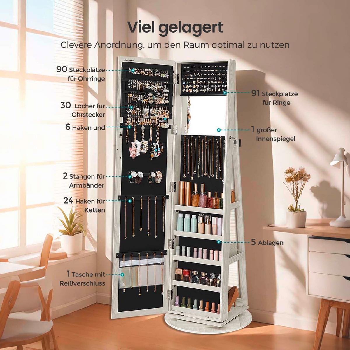 Schmuckschrank Eiche Bianco D: 55 Cm - Eiche Bianco, Basics, Glas/Holzwerkstoff (55/155cm)