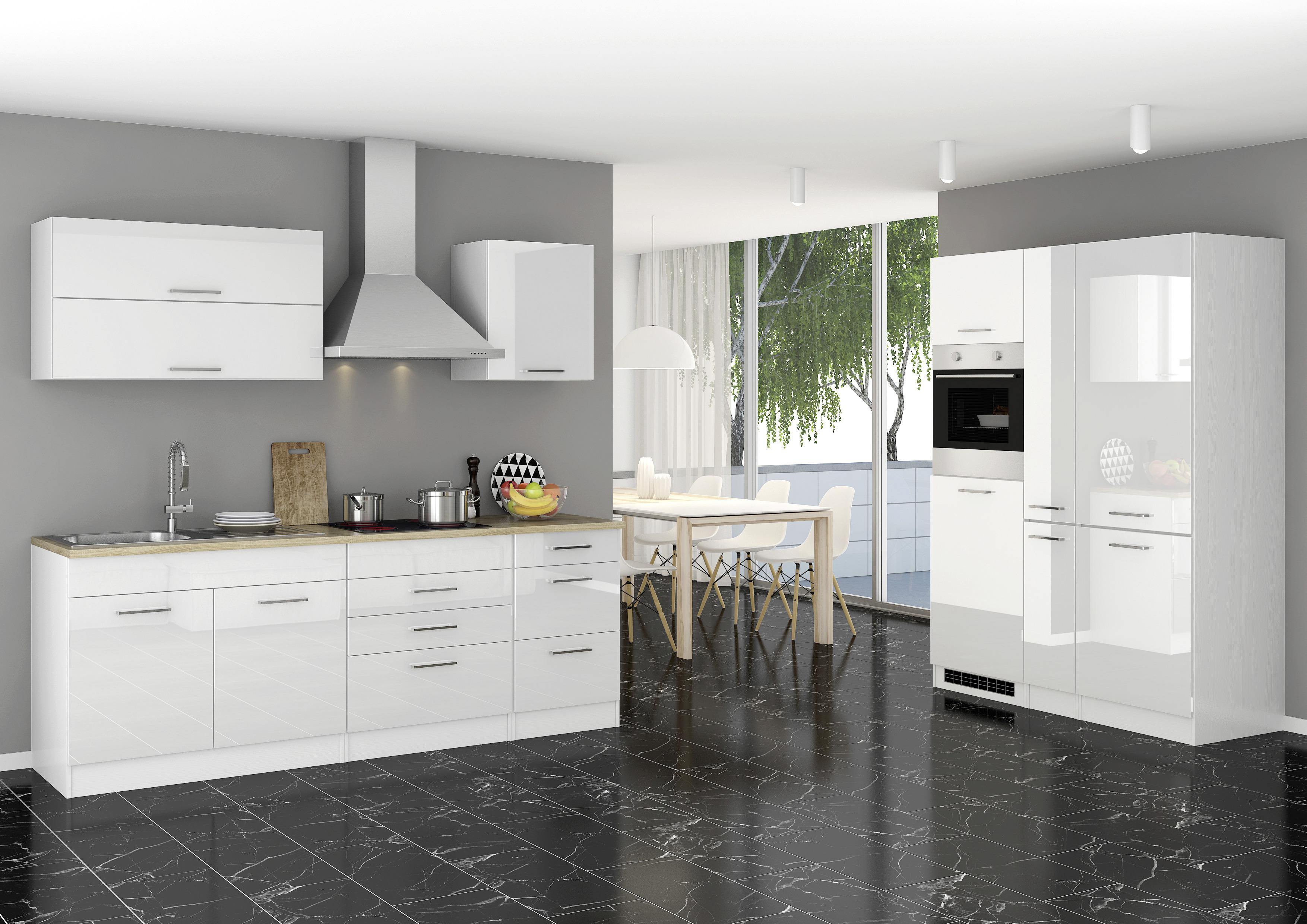 Küchenzeile Mailand mit Geräten 380 cm Weiß Hochglanz - Weiß, MODERN, Holzwerkstoff (380cm) - MID.YOU