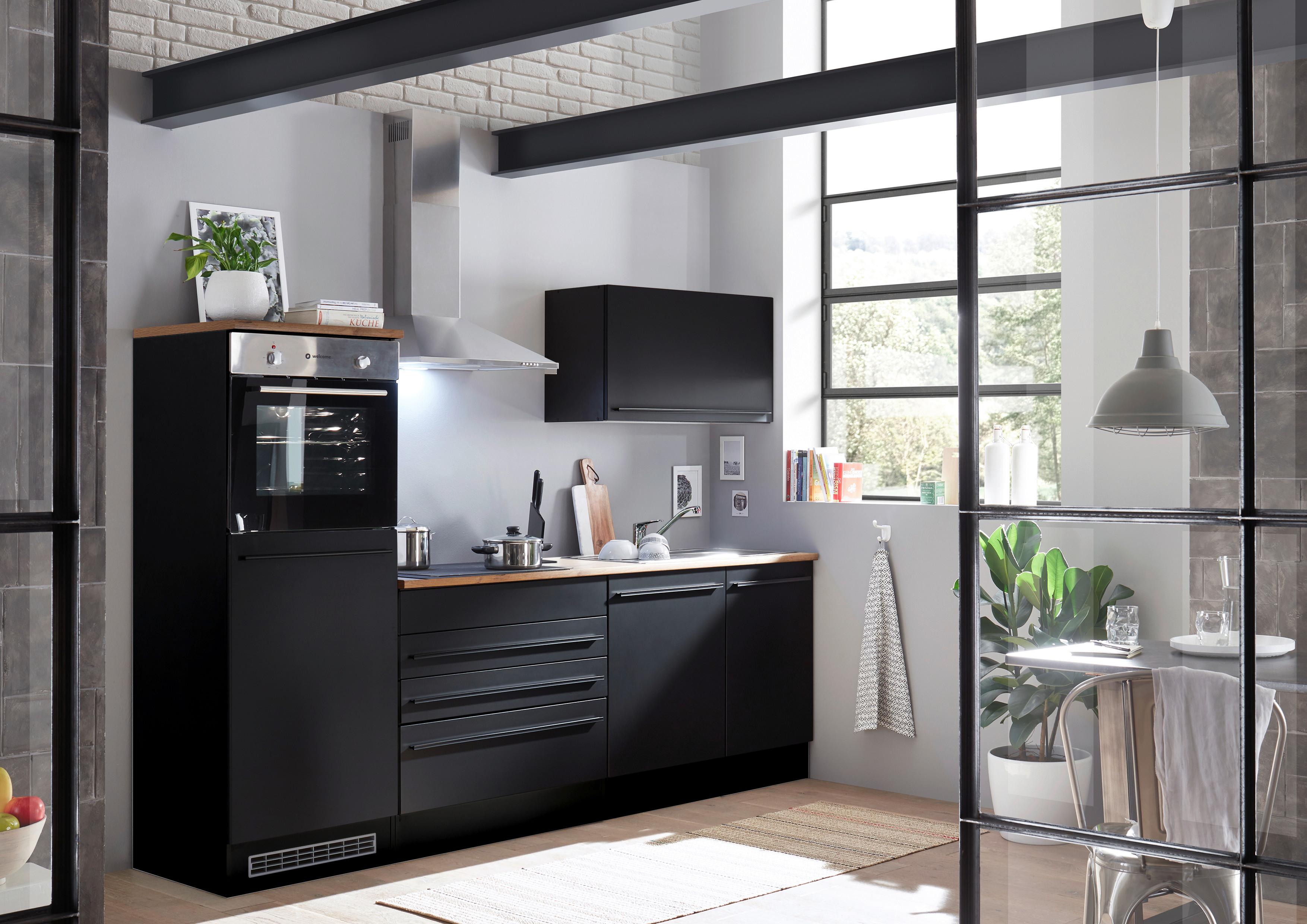 Kuchynský blok JAZZ 6 bez spotrebičov, šírka 260cm - čierna/farba duba, Modern, kompozitné drevo (260/200/60cm) - Modern Living