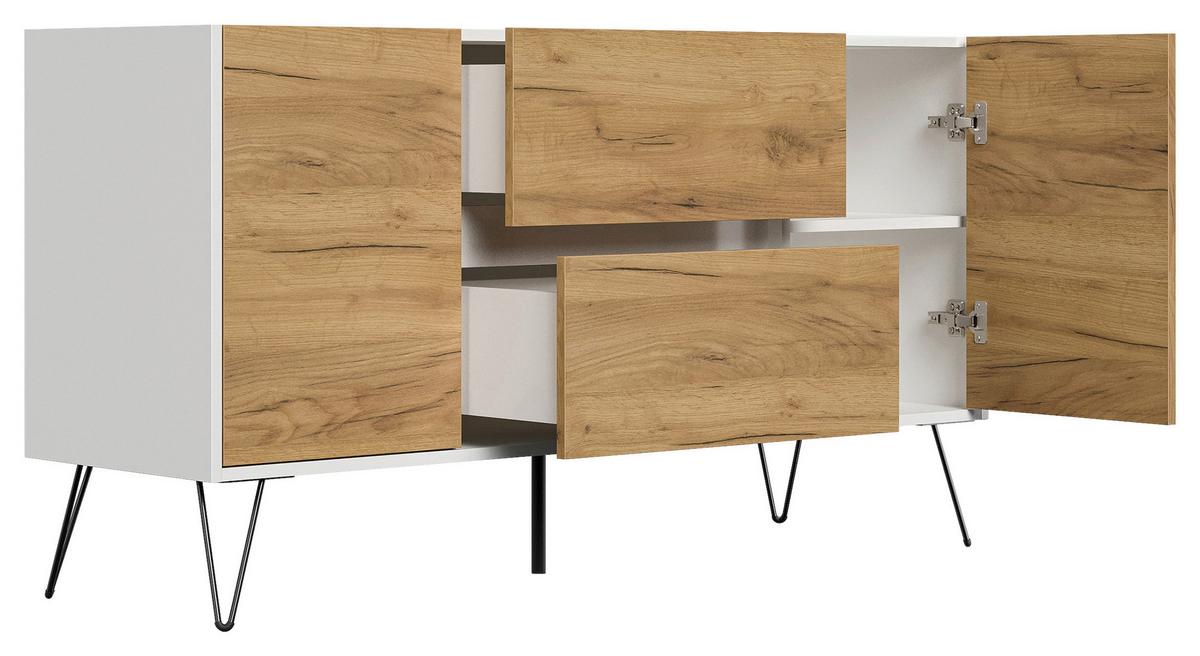 Sideboard Posseik Industrial Weiß/Eichefarben B: 139 cm - Eichefarben/Weiß Hochglanz, Design, Holzwerkstoff (139/75,8/42cm) - MID.YOU