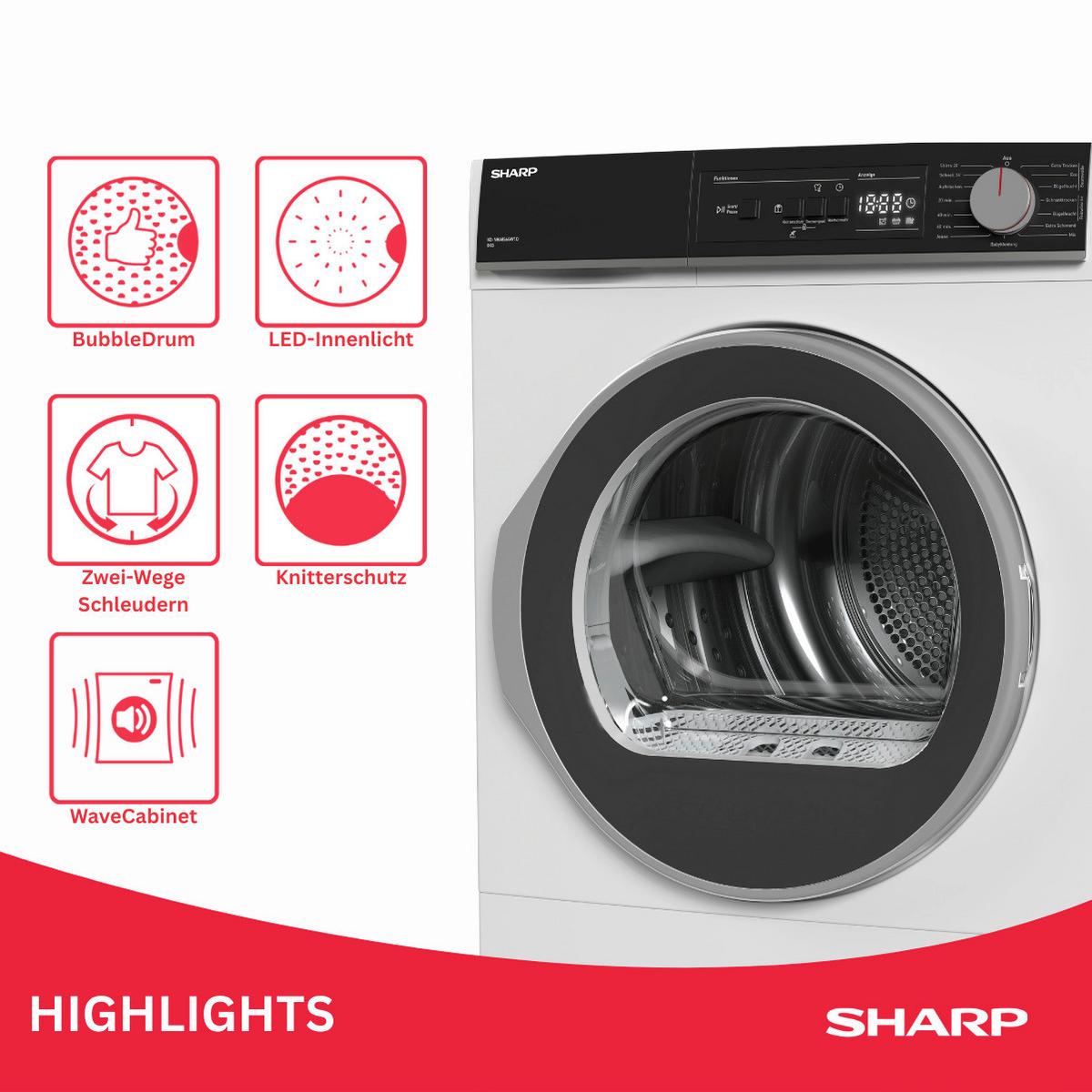 Wärmepumpentrockner Kd-nha8s6 Gw1d-De, Füllmenge 8 Kg - Weiß, Basics, Kunststoff (59,6/84,5/60,9cm) - Sharp