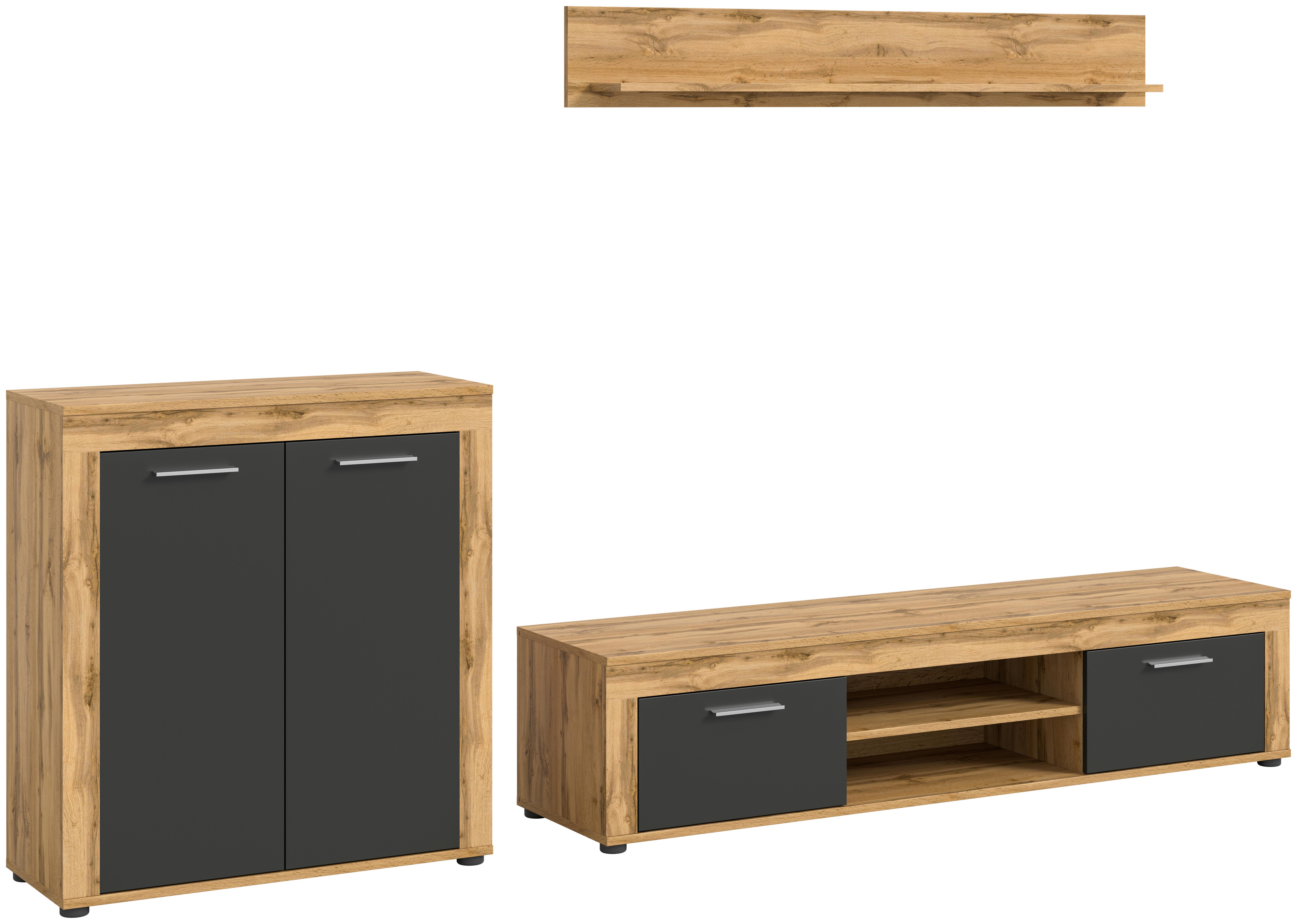Wohnwand Jam Eiche Dekor Anthrazit 3-Teilig B: 255 Cm - Anthrazit/Eiche Wotan, Design, Holzwerkstoff (255/159/35cm) - MID.YOU