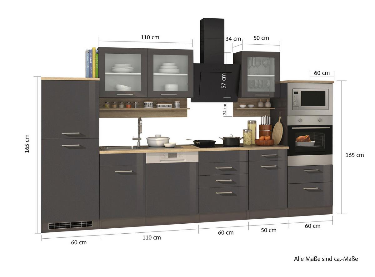 Küchenblock Mailand Graphitfarben B: 340cm - Graphitfarben/Sonoma Eiche, MODERN, Glas/Holzwerkstoff (340cm) - Held