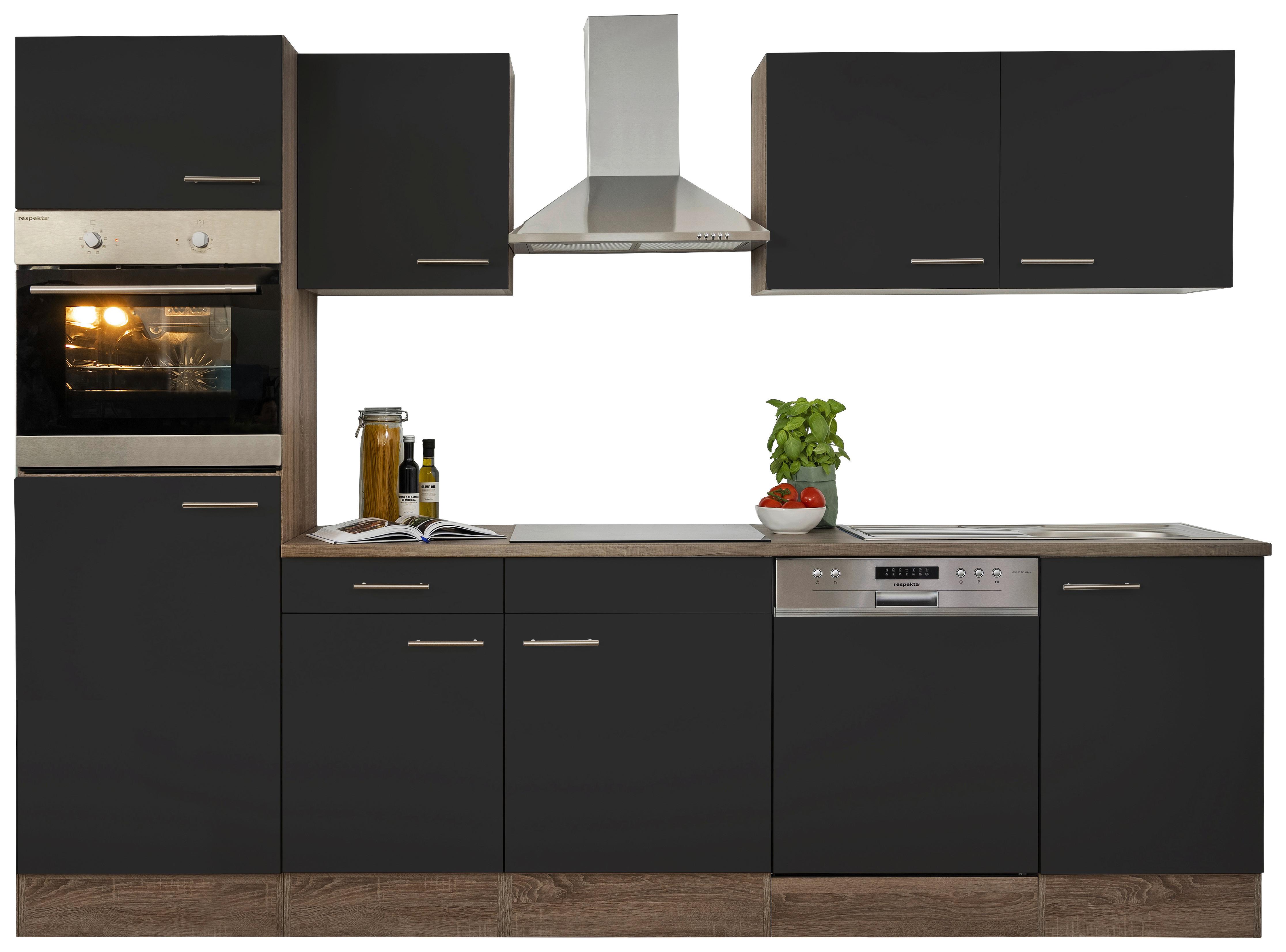Küchenzeile mit Geräten B: 280 cm Schwarz/Eiche Dekor - Eichefarben/Schwarz, Design, Holzwerkstoff (280cm) - Respekta