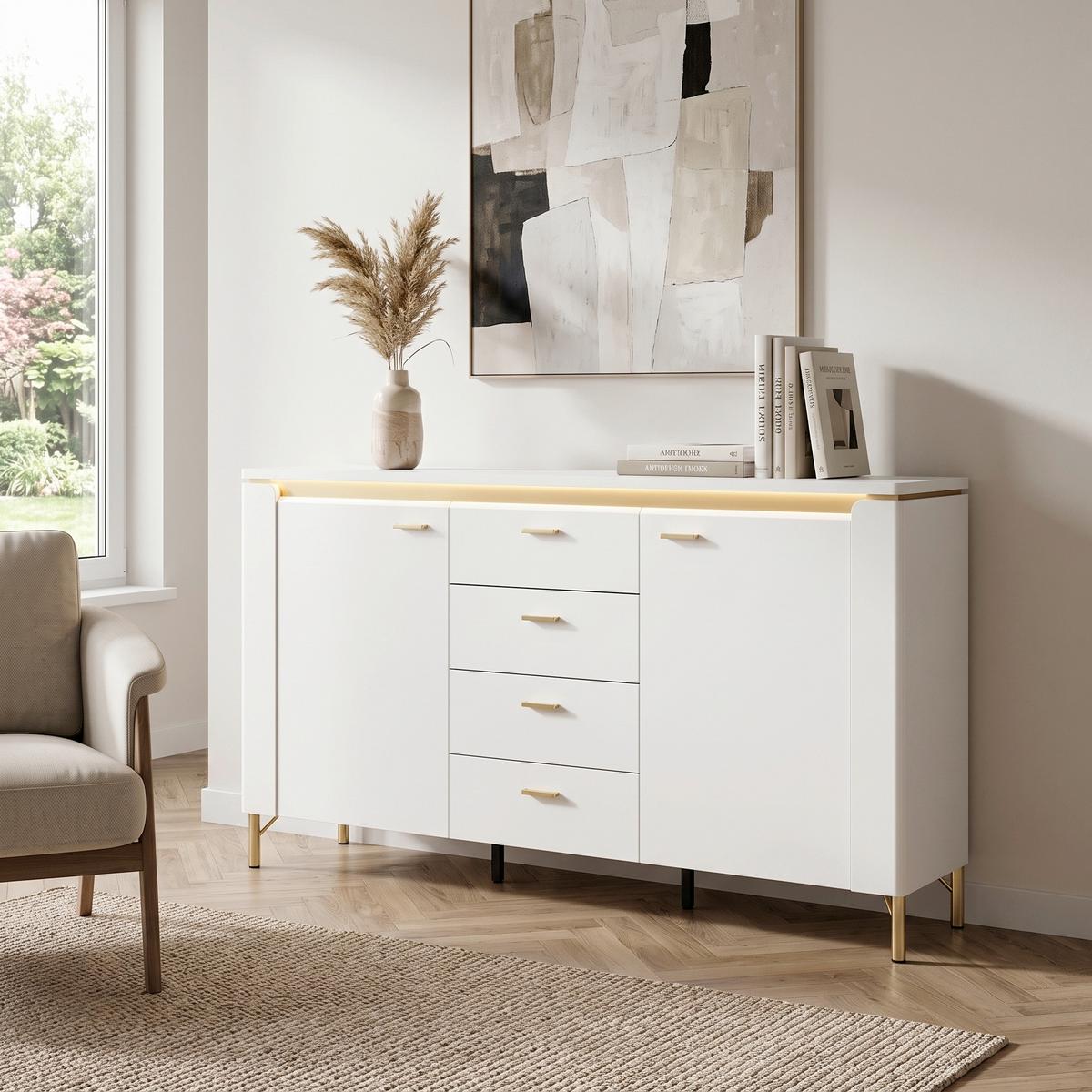 Sideboard Lazio Weiß B: 155,3 cm - Weiß Hochglanz/Goldfarben, Trend, Holzwerkstoff (155,3/87,3/40cm)