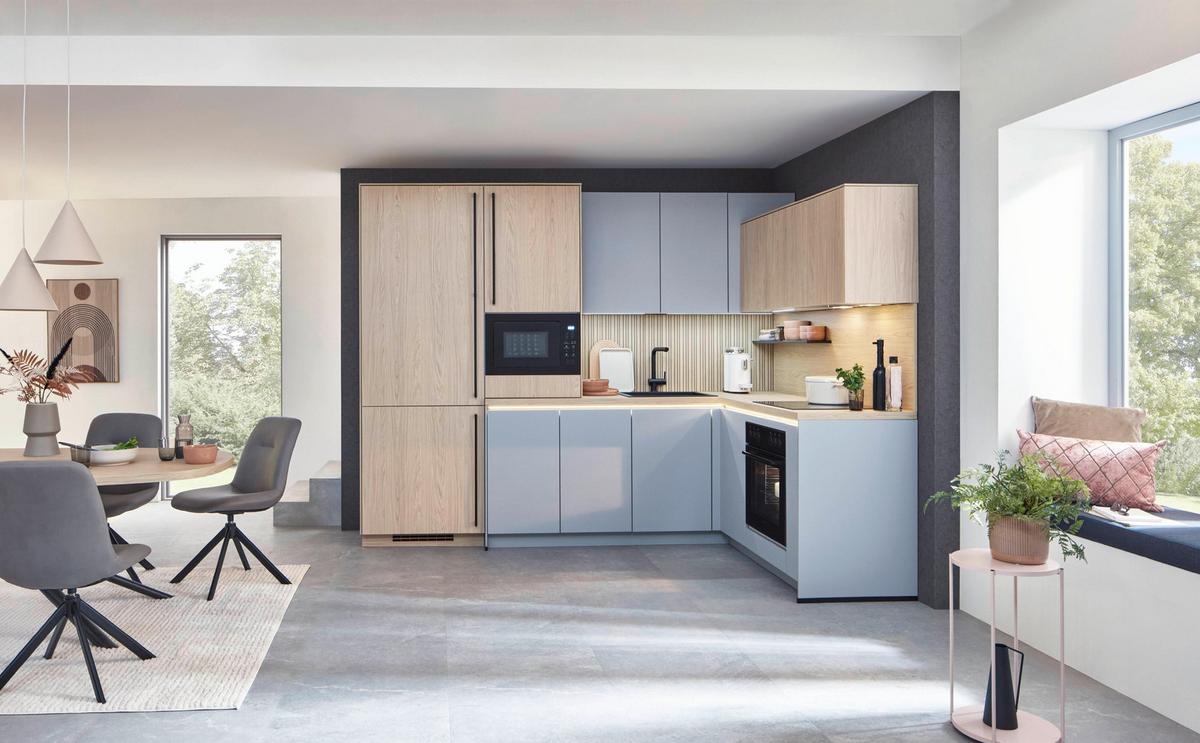 Eckküche Sidney/singapur - Sandfarben/Blau, Basics, Holzwerkstoff (288/185cm) - Vertico