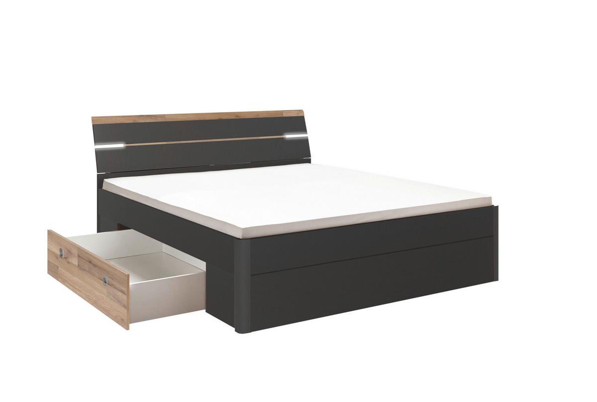 Stauraumbett Mit Beleuchtung 180x200 Cm Mars Graphit - Eichefarben/Schwarz, KONVENTIONELL, Holzwerkstoff (180/200cm) - MID.YOU