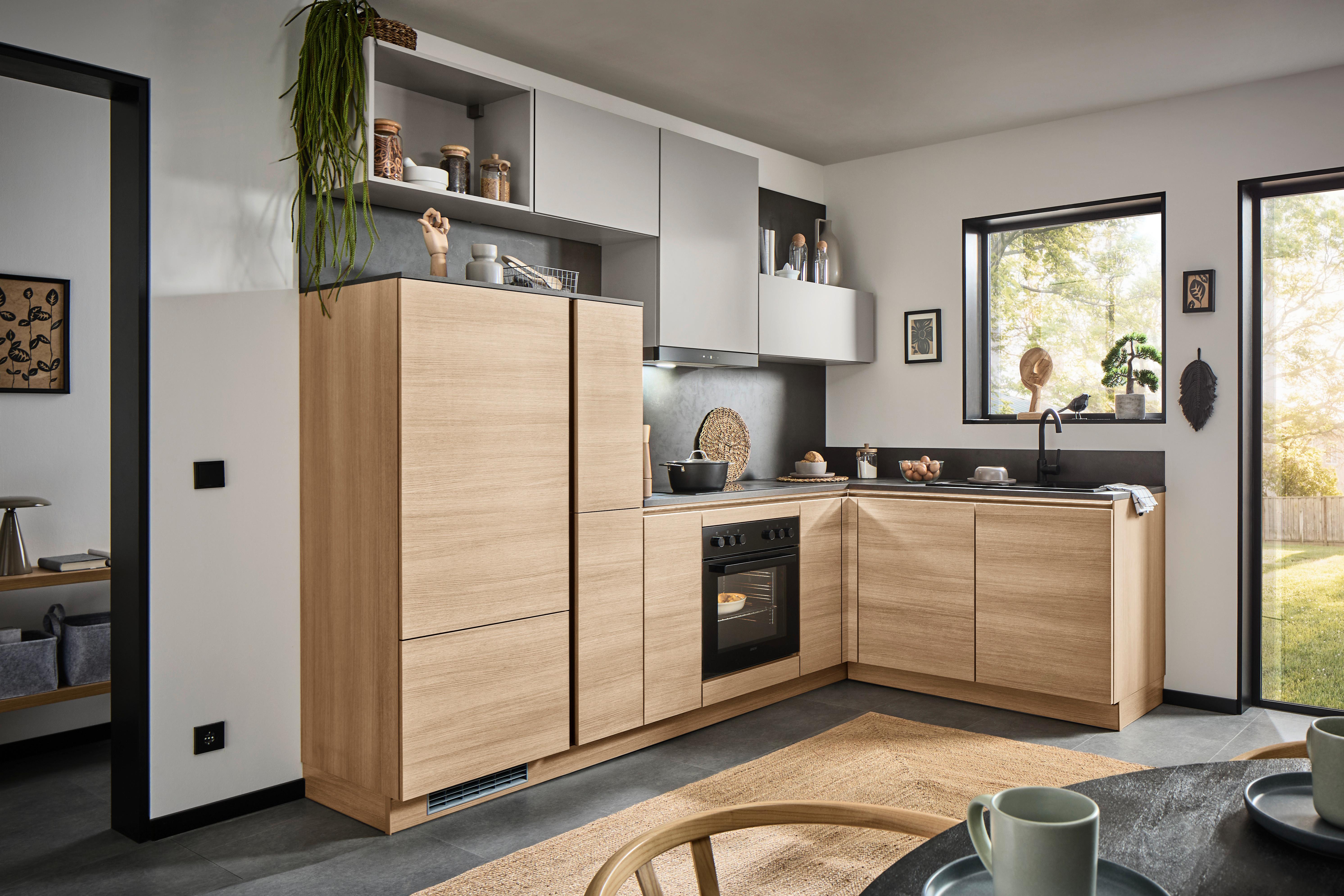 Eckküche Ip2200/ip3150 - Eichefarben/Hellgrau, Design, Holzwerkstoff (278/185cm) - Impuls