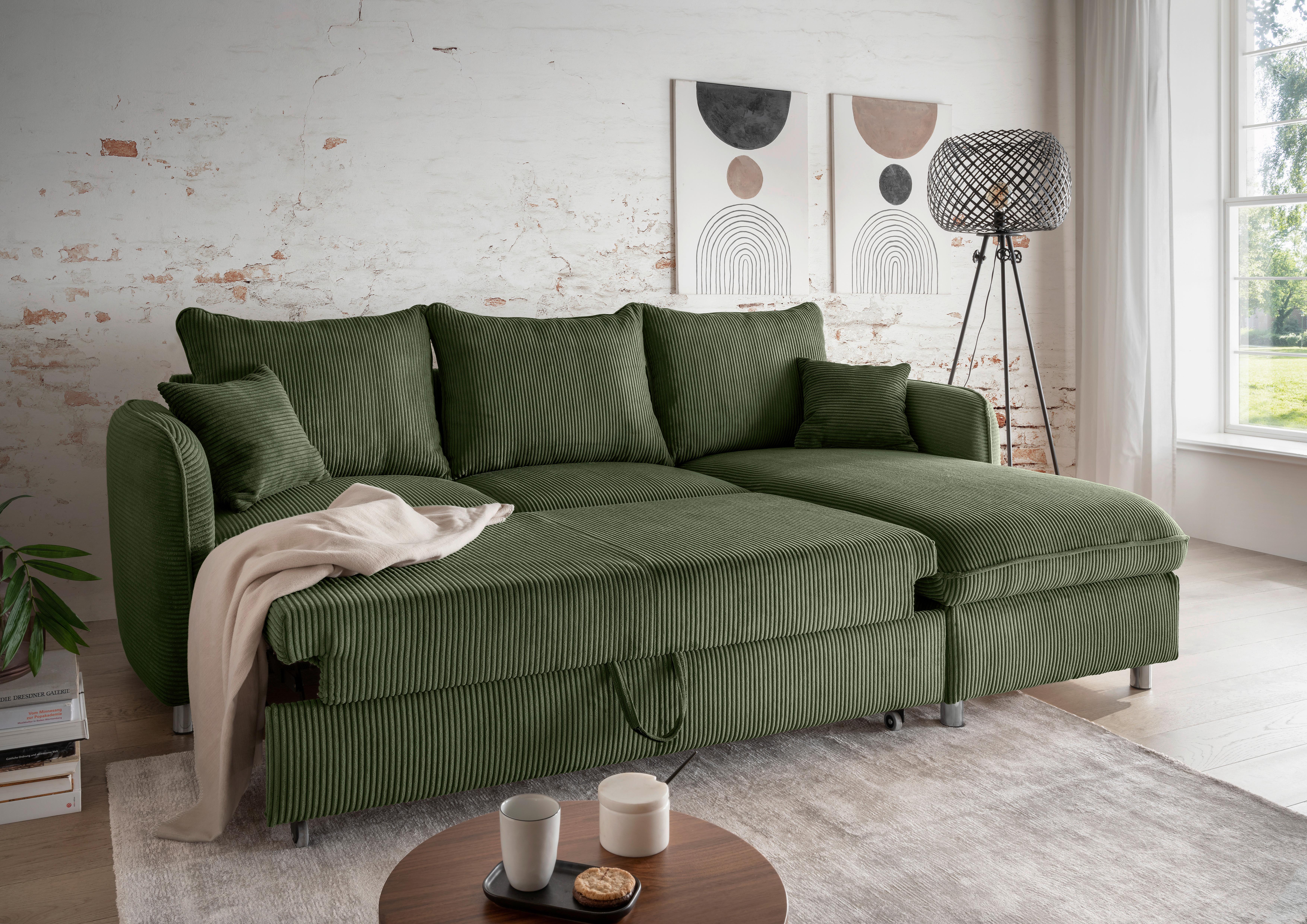 Eckschlafsofa Lauritio Dunkelgrün S: 254x160 cm - Chromfarben/Dunkelgrün, MODERN, Textil (254/160cm) - Livetastic