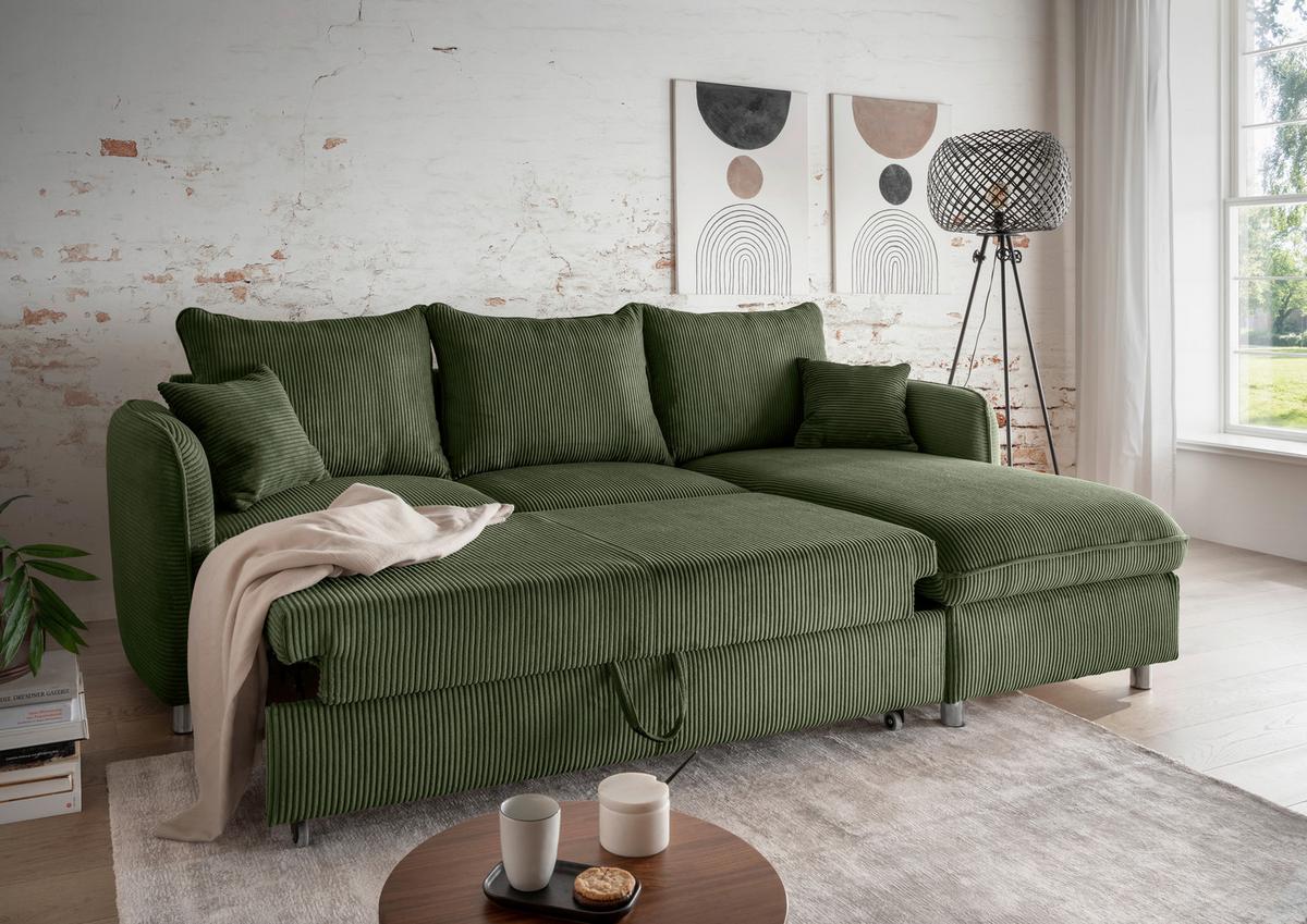 Eckschlafsofa Lauritio Dunkelgrün S: 254x160 cm - Chromfarben/Dunkelgrün, MODERN, Textil (254/160cm) - Livetastic