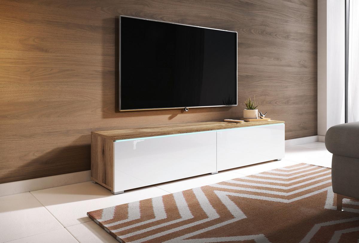 Nízka komoda s LED biela VL/dekor dub Wotan - sivá/biela s vysokým leskom, Lifestyle, kompozitné drevo/plast (140/30/33cm) - P & B