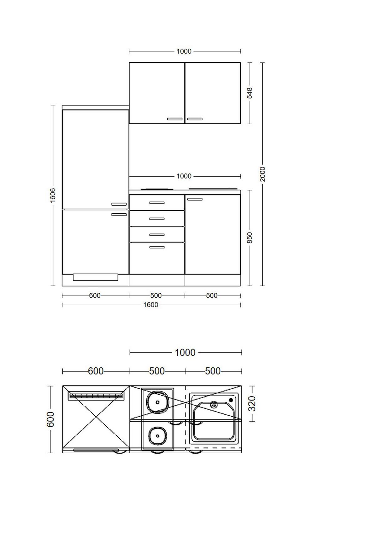 Miniküche mit Kühlschrank + Kochfeld 160cm Weiß/Grau Dekor - Hellgrau/Weiß, MODERN, Holzwerkstoff (160cm) - FlexWell