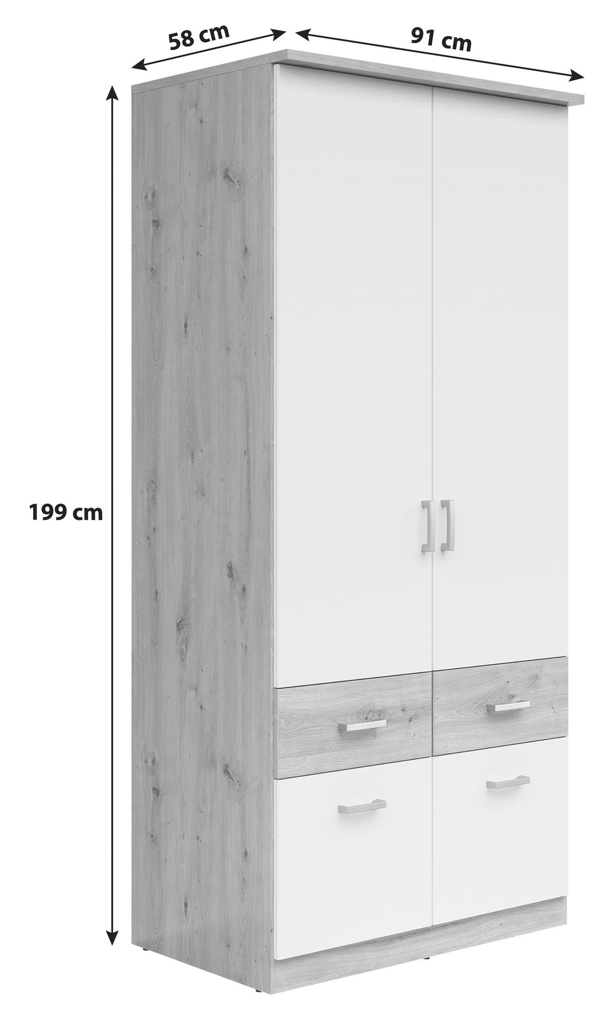 Skříň BRANDO 91cm dekor dub Artisan/bílá matná - bílá/barvy stříbra, Konvenční, kompozitní dřevo/plast (91/199/58cm)