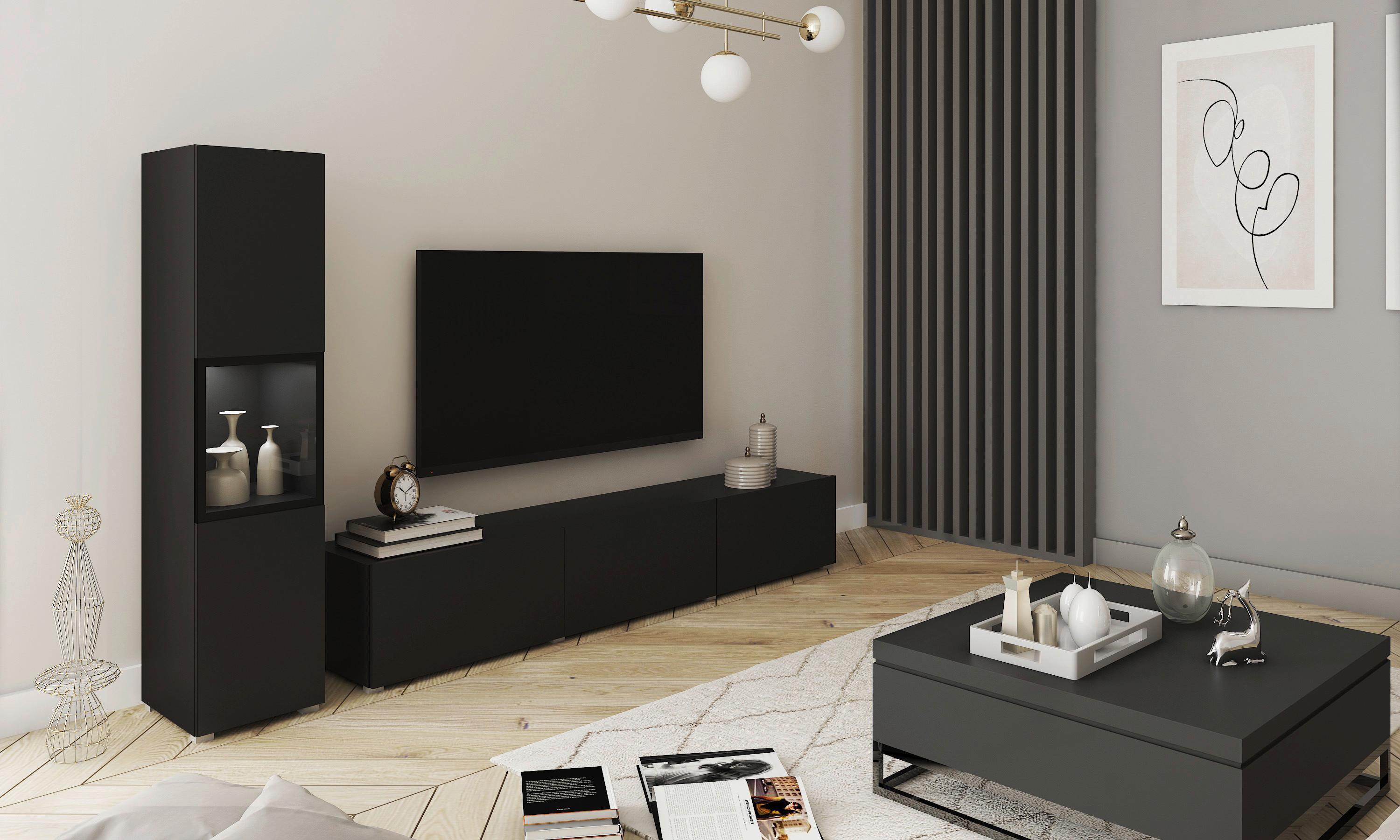 Wohnwand Berlin I Schwarz B: 210 cm - Schwarz/Grau, Design, Glas/Holzwerkstoff (210/130/32,5cm) - MID.YOU