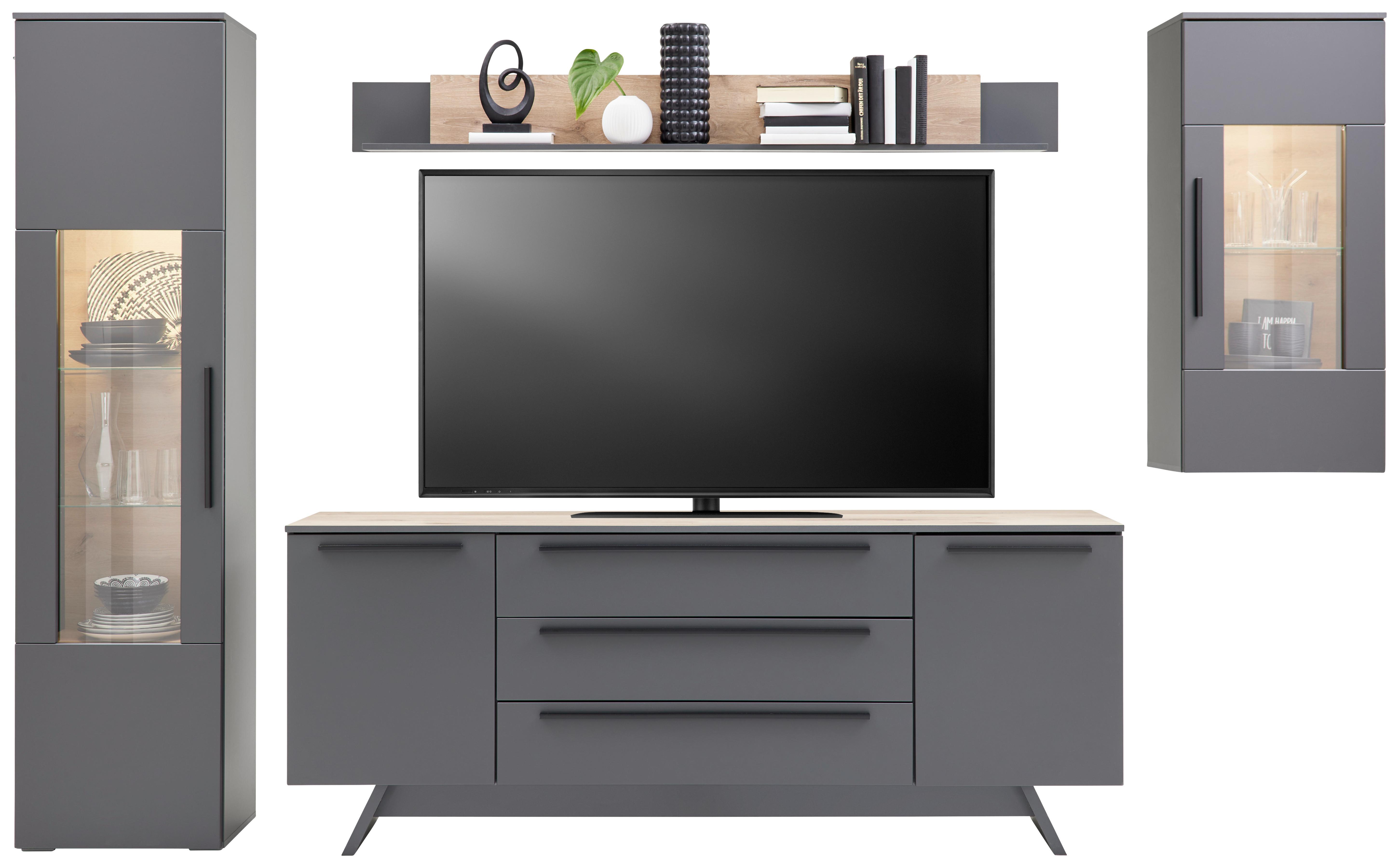 Wohnkombination Modern 4-Tlg. Atlanta Grau/Eiche Dekor - Eichefarben/Silberfarben, MODERN, Glas/Holzwerkstoff (300,3/203,2/46,2cm)