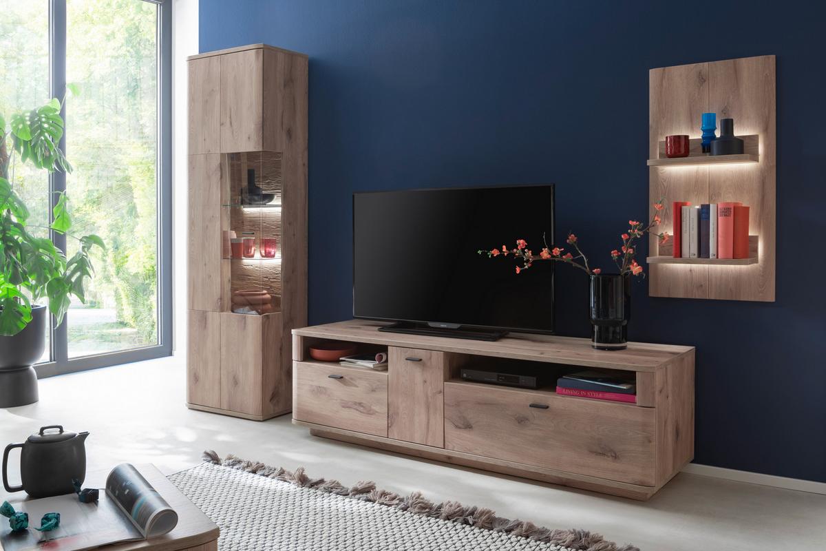 Wohnwand Prato Eiche Dekor B: 270 cm - Eichefarben, Design, Glas/Holzwerkstoff (270/199/50cm) - MID.YOU