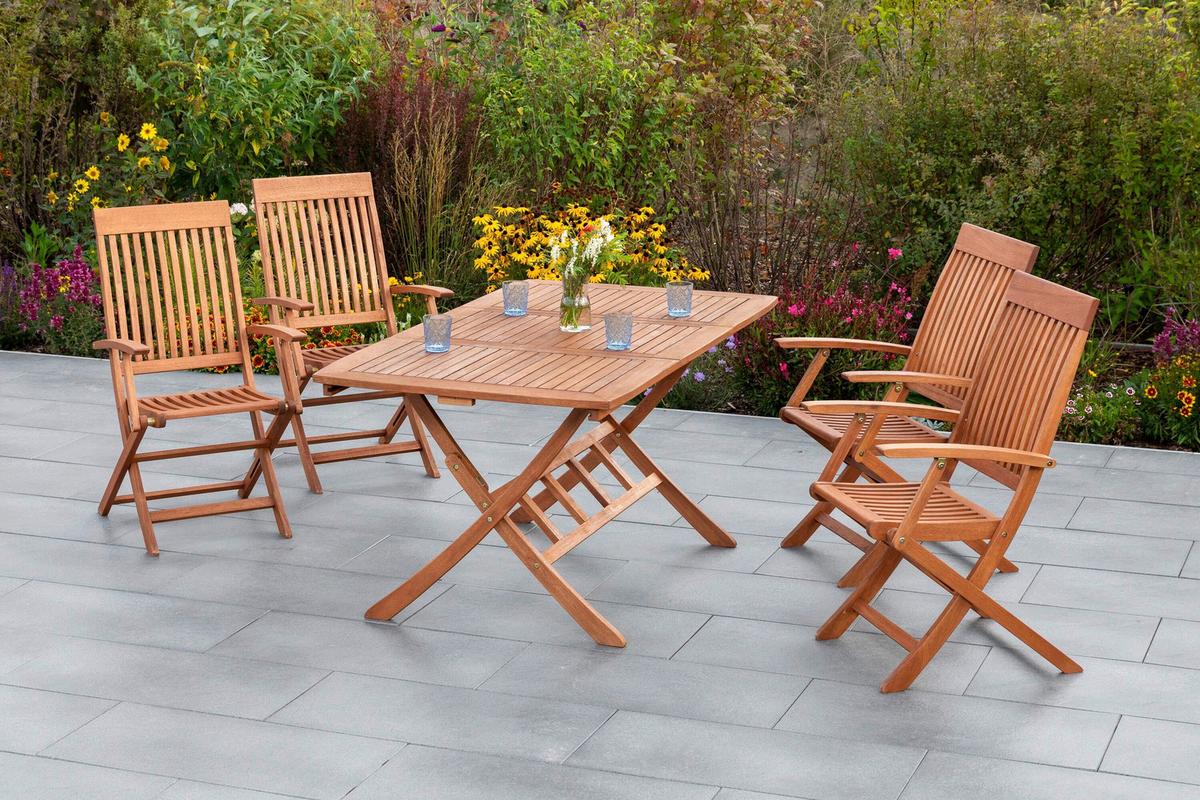 Gartentischgruppe Comodoro 9 -Teilig. Grau/Naturfarben - Eukalyptusholzfarben/Grau, KONVENTIONELL, Holz/Textil - Gardenson