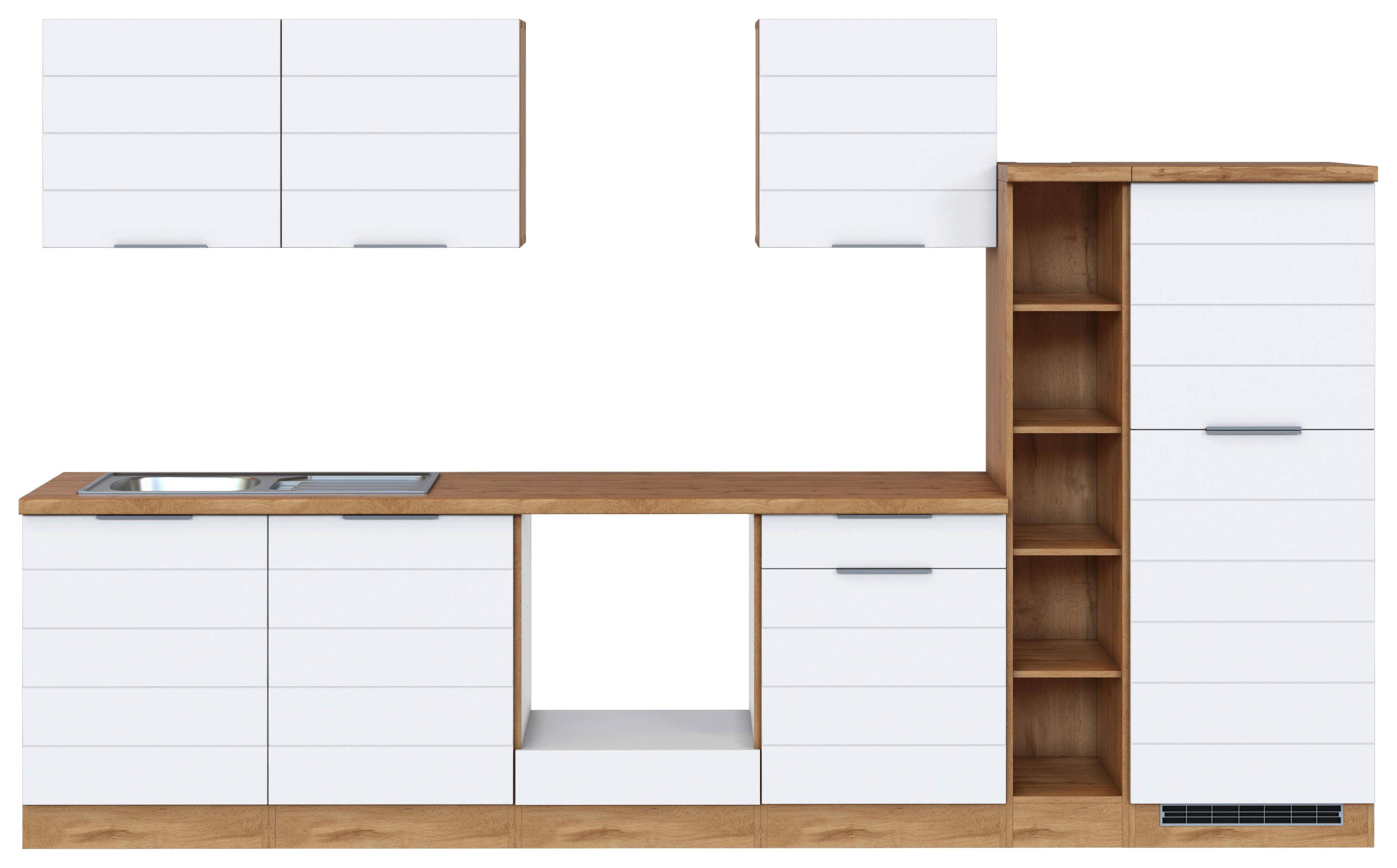 Küchenzeile Florenz ohne Geräte 330 cm Weiß/Eichefarben - Eiche Wotan/Weiß, Design, Holzwerkstoff (330cm) - Held
