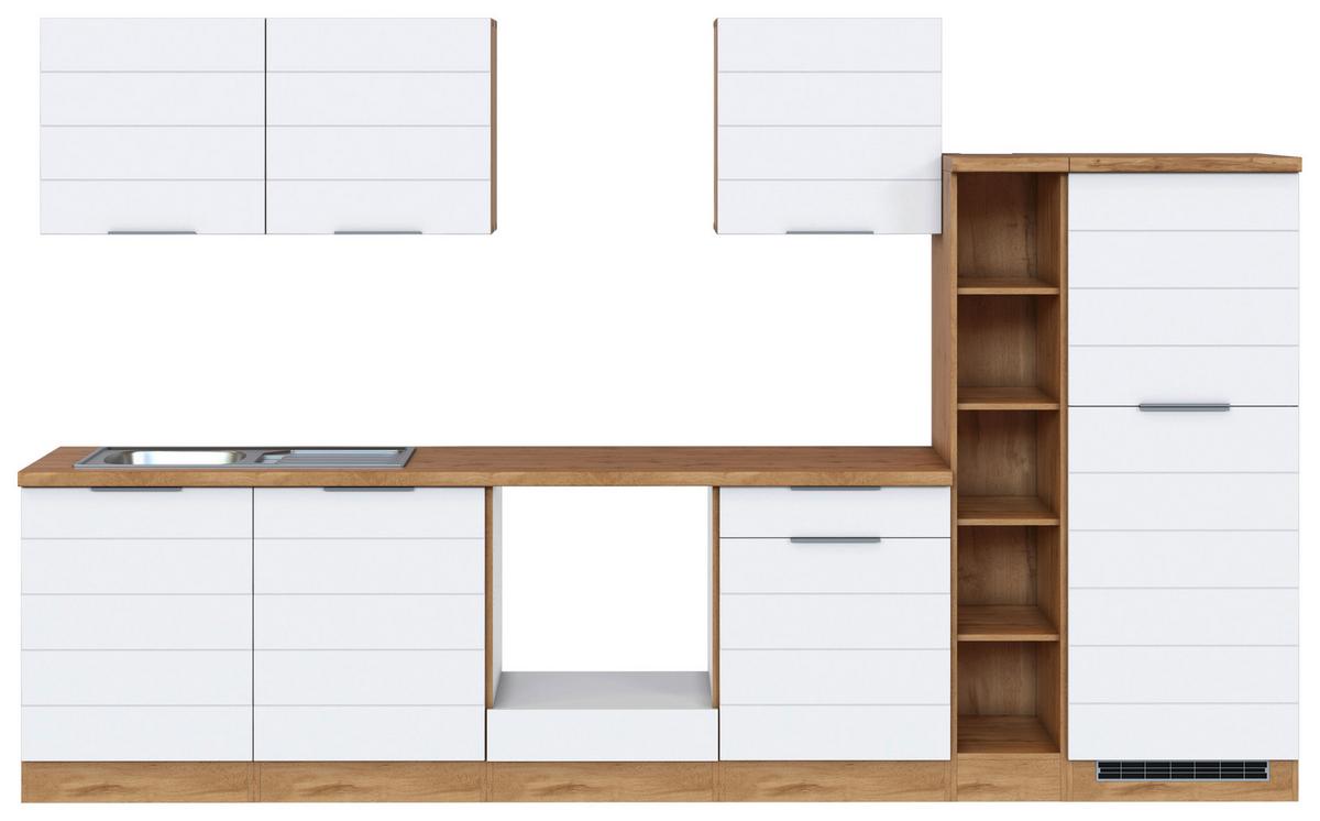 Küchenzeile Florenz ohne Geräte 330 cm Weiß/Eichefarben - Eiche Wotan/Weiß, Design, Holzwerkstoff (330cm) - Held