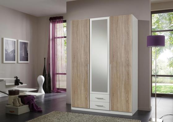 Freundliche Optik und Stauraum im Schlafzimmer Dreitüriger Kleiderschrank in Weiß und Eiche Dekor mit Spiegel