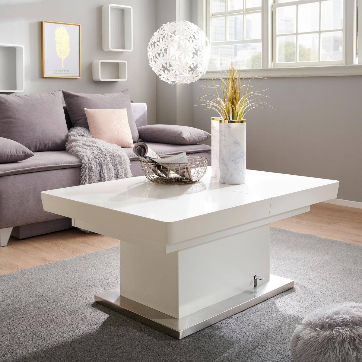 Couchtisch höhenverstellbar + ausziehbar Manchester, Weiß - Edelstahlfarben/Weiß, MODERN, Holzwerkstoff/Metall (120-160/50-78/80cm)