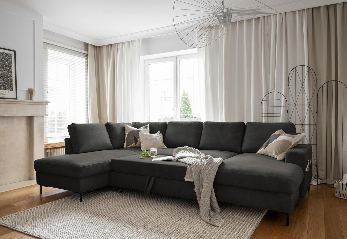 Sedačka LEONIE U, ľavá, sivý menčester - čierna/sivá, Design, kov/drevo (197/303/148cm)
