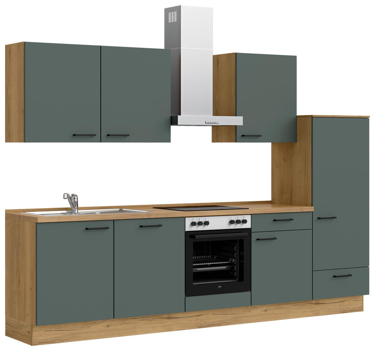 Kuchynská linka 300 cm, minerálna zelená,ultra matná - barvy dubu/černá, Moderní, kov/kompozitní dřevo (300cm) - Nobilia