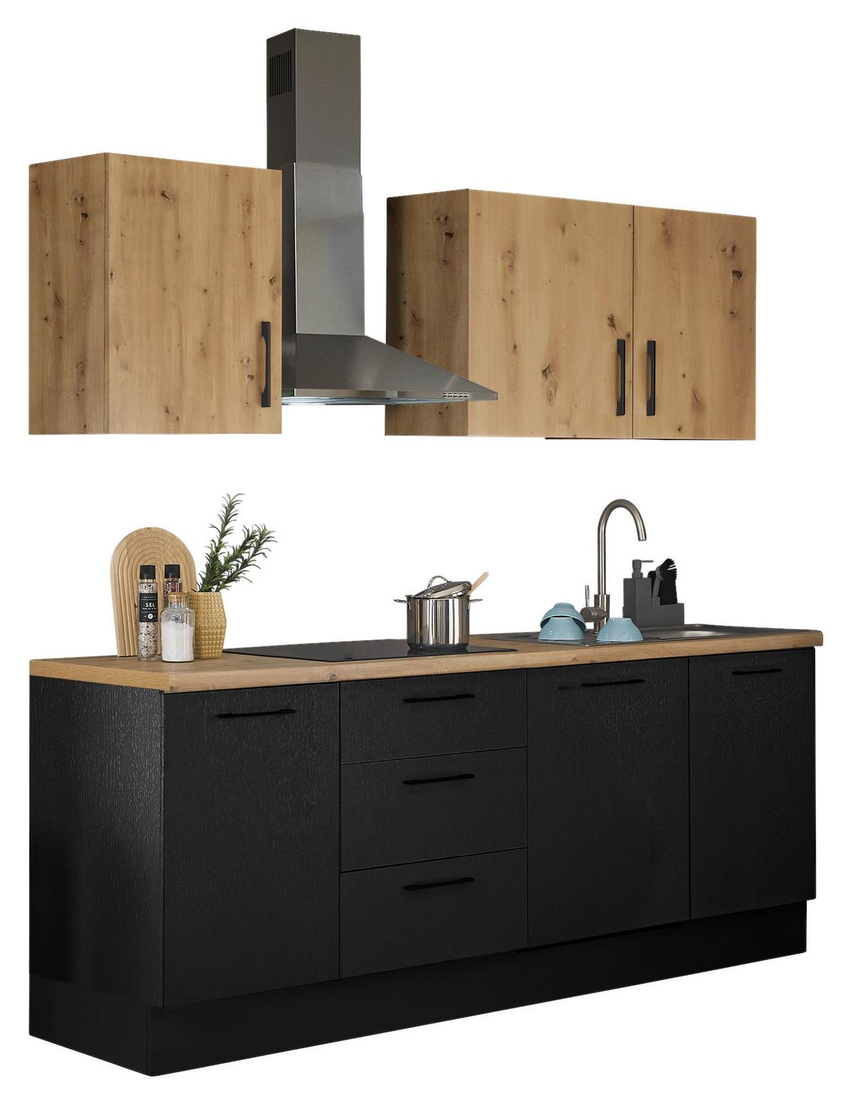 Kuchyňská linka TURIN bez spotřebičů, šíŕka 220 cm - černá/dub artisan, Moderní, kov/kompozitní dřevo (220cm)