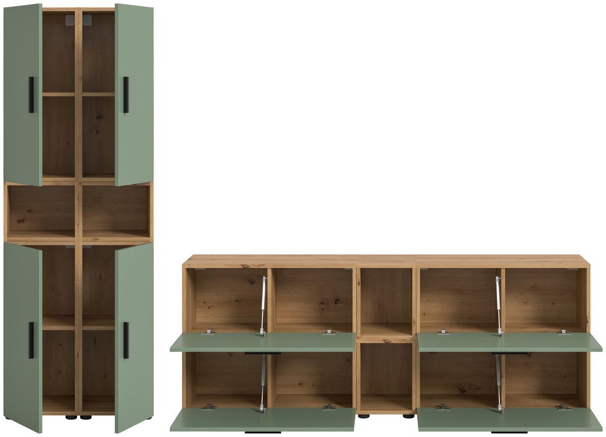 Wohnwand, The ONE 3, B: 260 cm Olivgrün/Artisan Eiche Dekor - Schwarz/Weiß, Trend, Holzwerkstoff (260/182/34cm)