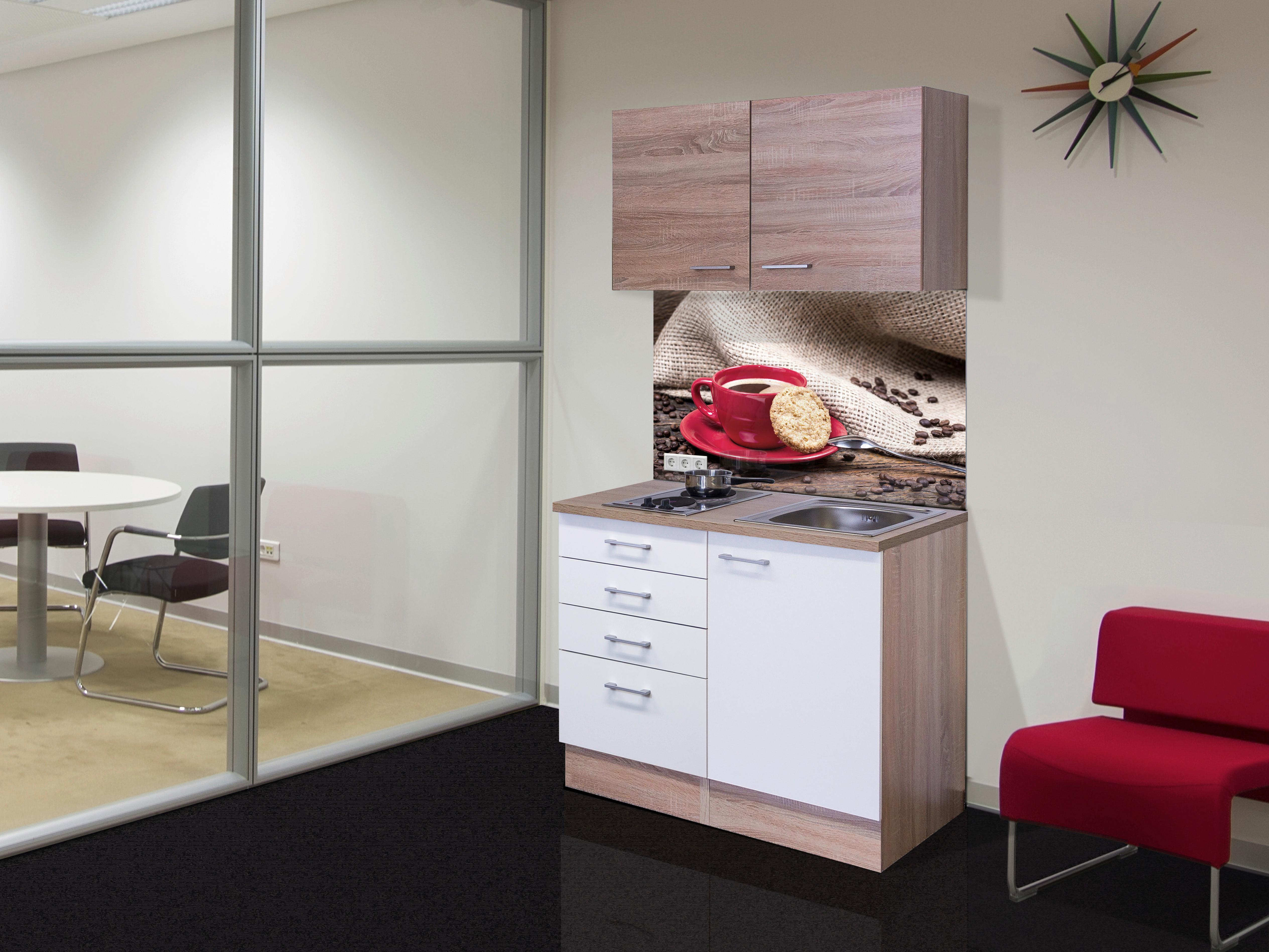 Minikuchyně SAMOA,šířka 100 cm včetně dřezu a varné desky - bílá/Sonoma dub, Moderní, kompozitní dřevo/plast (100cm) - FlexWell