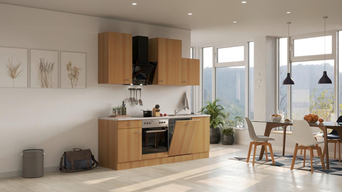 Küchenzeile Nano M. Geräten 220 Cm Creme/buche Dekor - Beige/Buchefarben, MODERN, Holzwerkstoff (220cm) - FlexWell