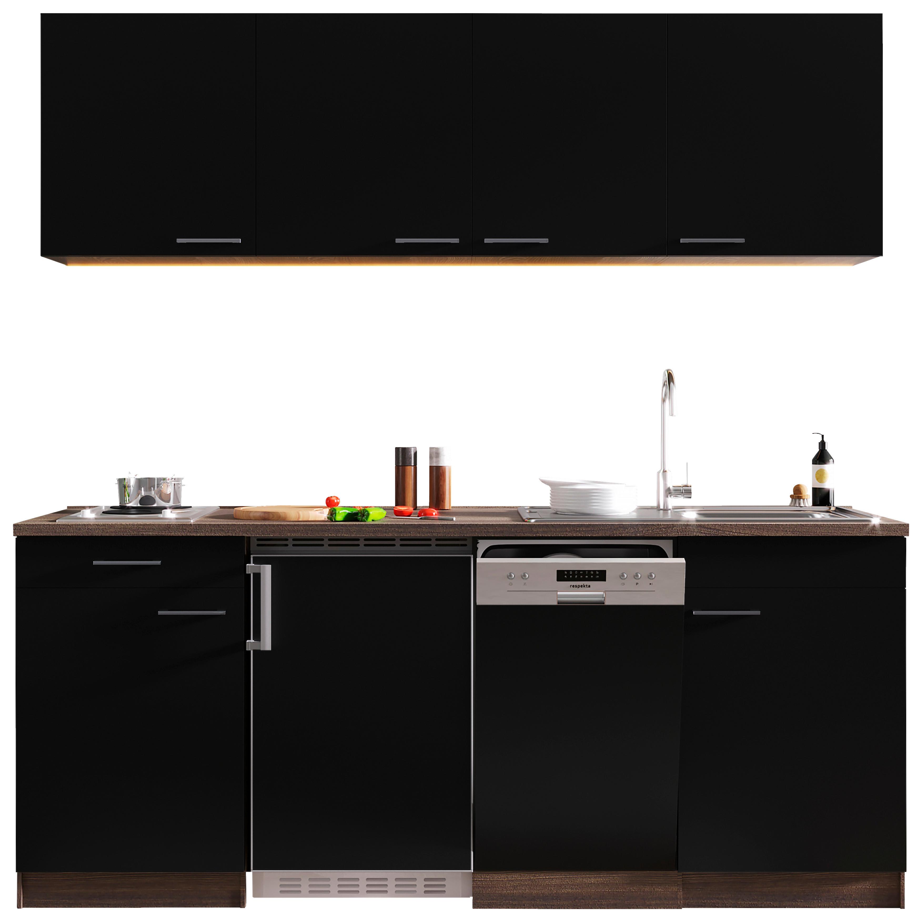 Küchenzeile Economy mit Geräten 195 cm Schwarz/Eiche Dekor - Eichefarben/Schwarz, Basics, Holzwerkstoff (195cm) - Respekta