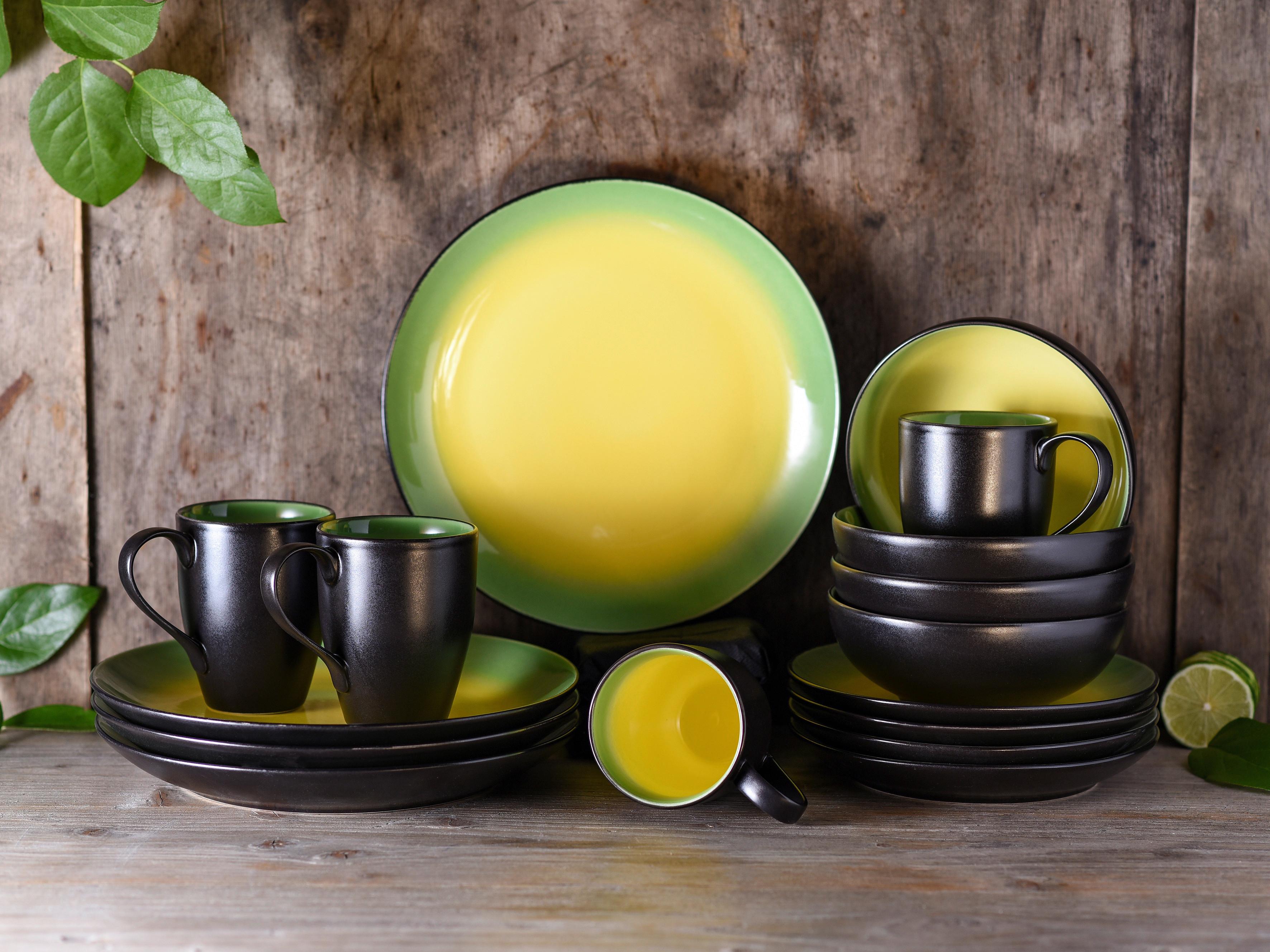 Kombiservice Keramik 4 Personen Geschirr Set - Schwarz/Grün, Basics, Keramik (35/34/35cm) - Creatable