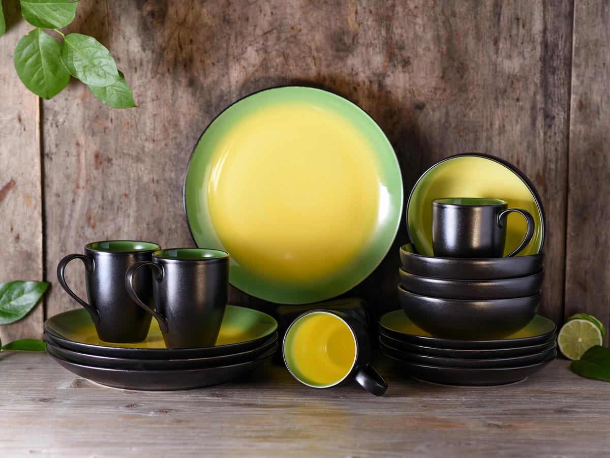 Kombiservice Keramik 4 Personen Geschirr Set - Schwarz/Grün, Basics, Keramik (35/34/35cm) - Creatable