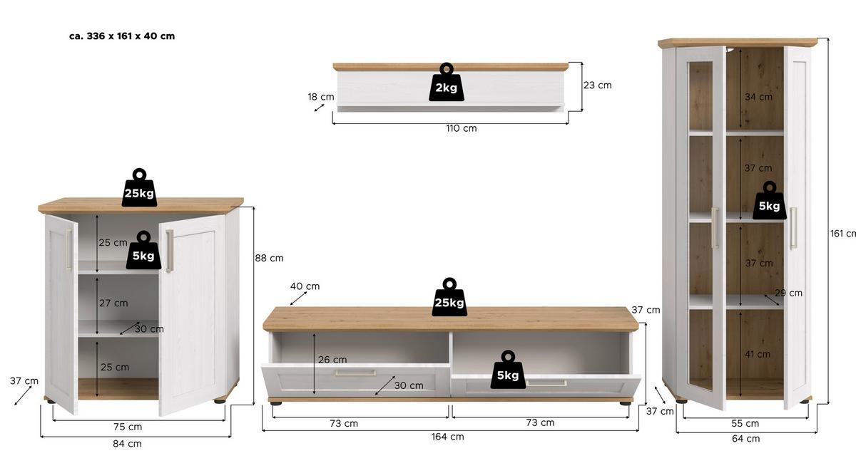 Wohnwand Verona Lärchefarben /Eiche Dekor B: 336cm - Lärchefarben/Schwarz, Design, Holzwerkstoff (336/161/40cm) - Livetastic