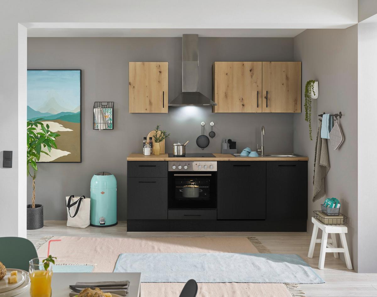 Kuchyňská linka TURIN bez spotřebičů, šířka 220 cm - černá/dub artisan, Moderní, kov/kompozitní dřevo (220cm)